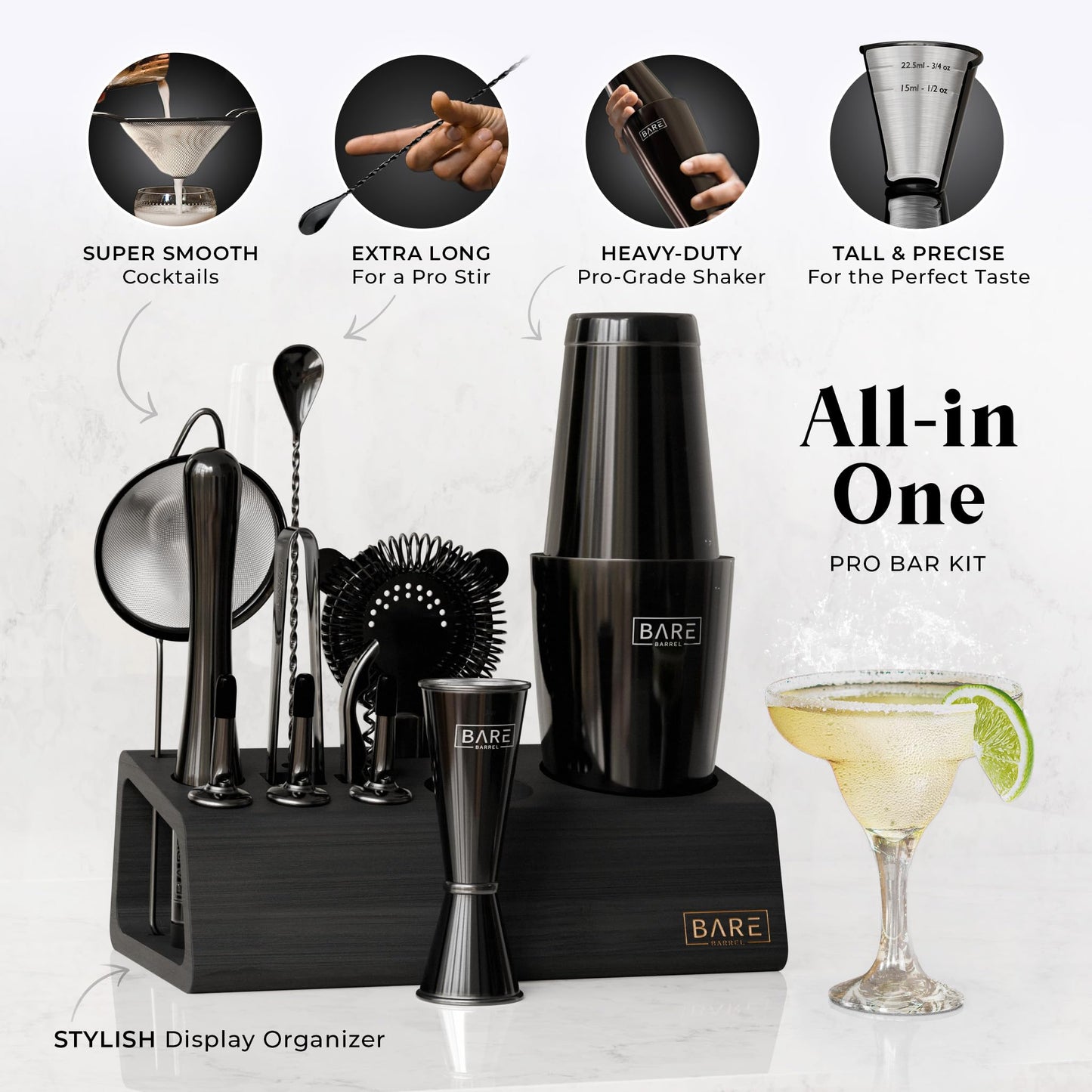 BARE BARREL Cocktail Making Kit | 14-Piece Bartender Kit Cocktail Shaker Set Maker | Bamboo Display Stand & 35 Recipe Cards | Mixology Cocktail Gift