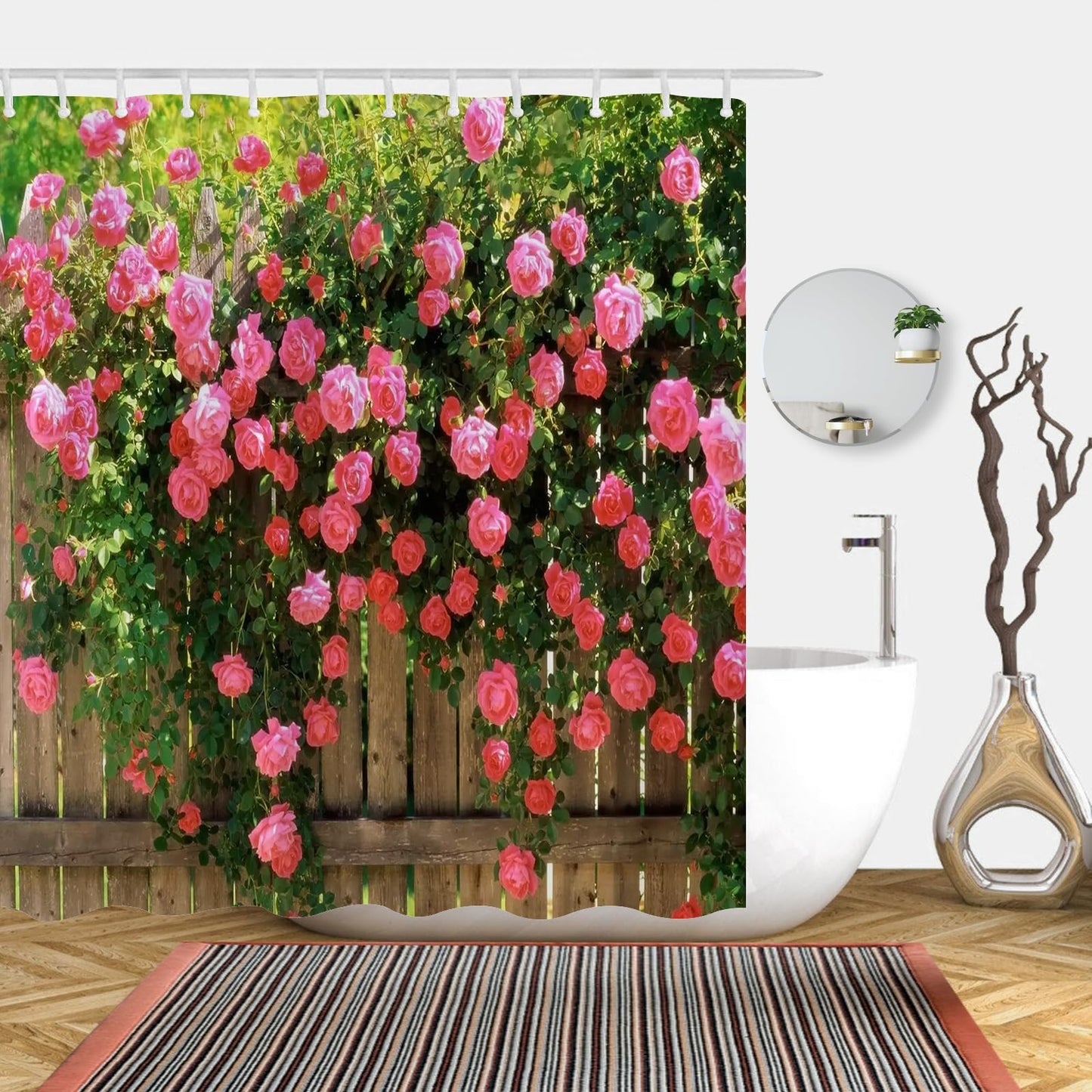 Simpomsy Outdoor Shower Curtain Garden Decor, Pink Rose Shower Curtain Green Plant Spring Garden Landscape Bathroom Curtain Waterproof Cloth Fabric