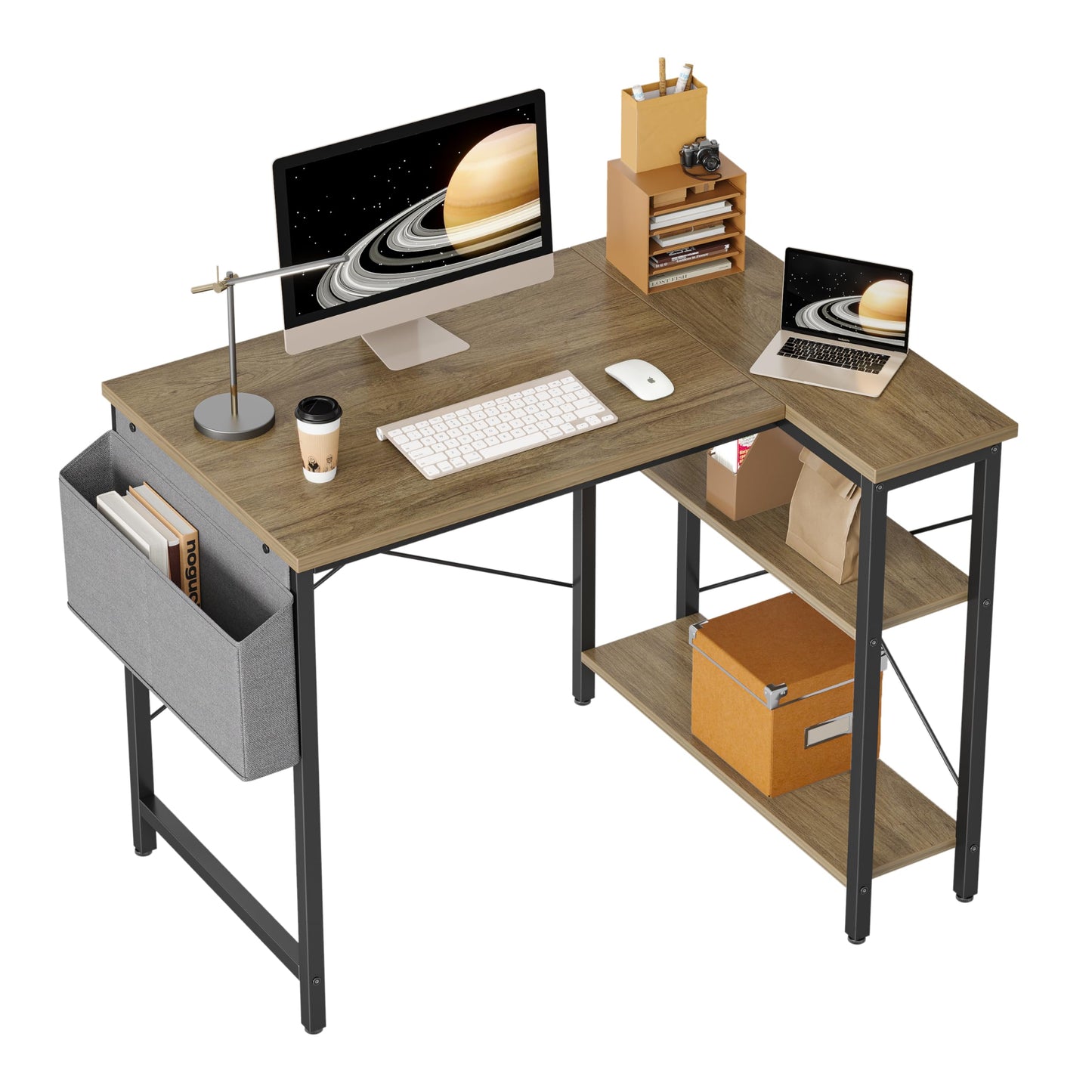 BEXEVUE L Shaped Corner Desk - 100x70 cm Study Office Gaming Desk, Computer Desk Small Writing Table, Large Reversible Storage Shelves, Bookshelf