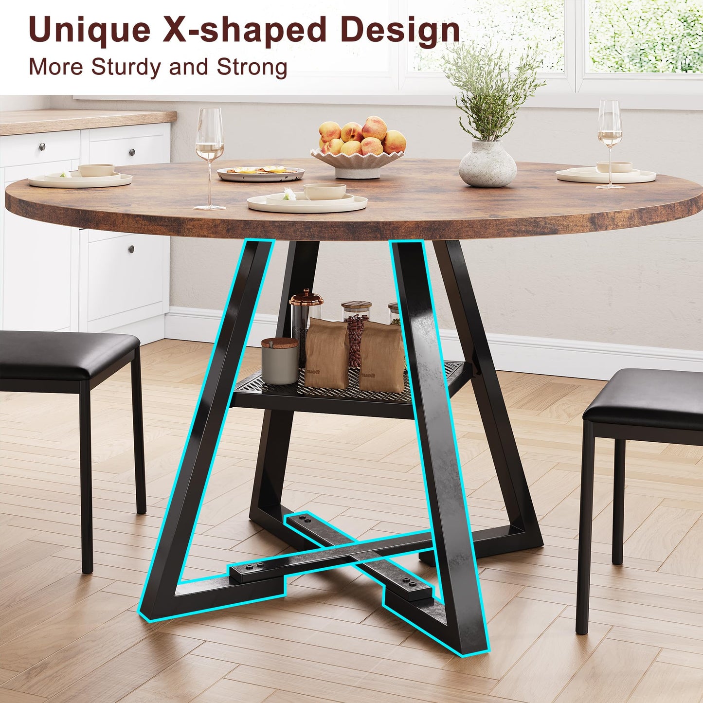 Jocoevol Round Dining Table for 4 People, Circle Dinner Table with Shelves, Space Saving Wood Kitchen & Dining Room Furniture (Vintage, 47 inch