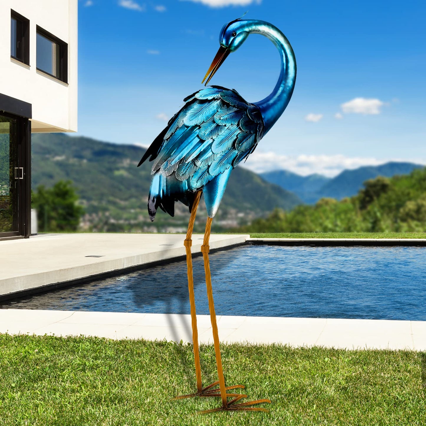 Chisheen Metal Crane Garden Statue, Blue Heron Sculpture Yard Art, Large Heron Decoy, Bird Statues, Lawn Ornaments for Backyard Pond Patio Porch