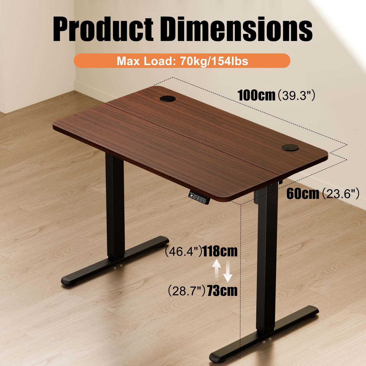 ERGOMAKER Electric Standing Desk 100x60cm, 2 Memory Presets, Black Walnut