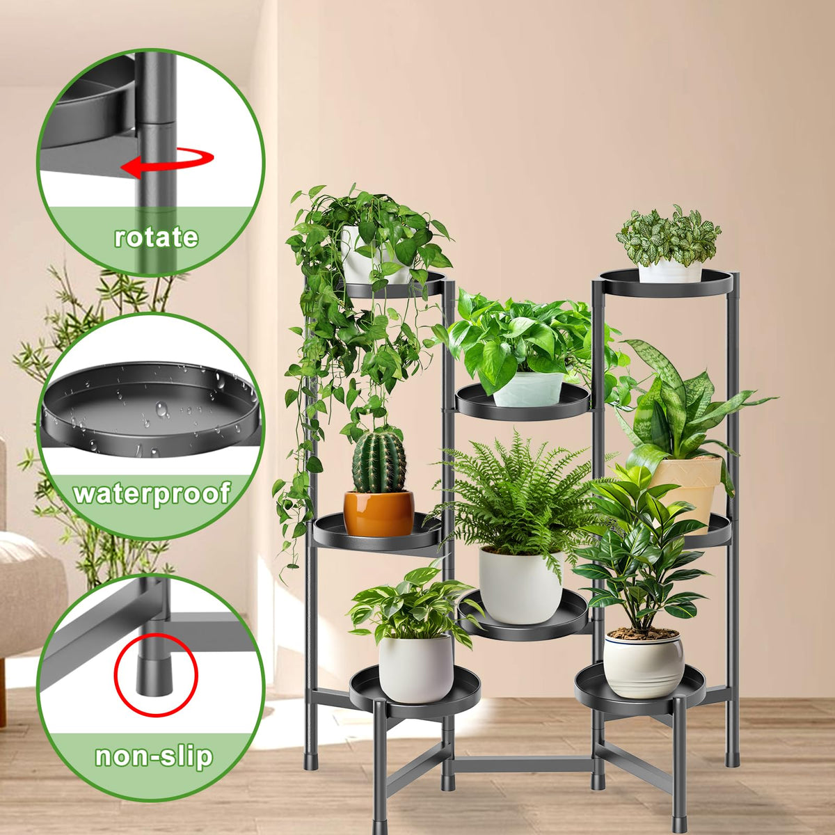 KHayRovies 8 Tier Plant Stand Indoor Tall, Adjustable Black Plant Shelf for Multiple 8 Potted Flower Plants Holders, Corner Metal Flower Display Rack