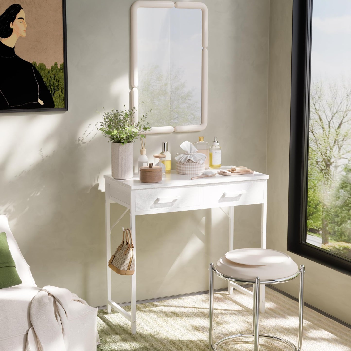 PAMRAY 80cm Small Computer Desk with 2 Drawers for Bedroom Study Writing Home Office Table for Small Spaces White