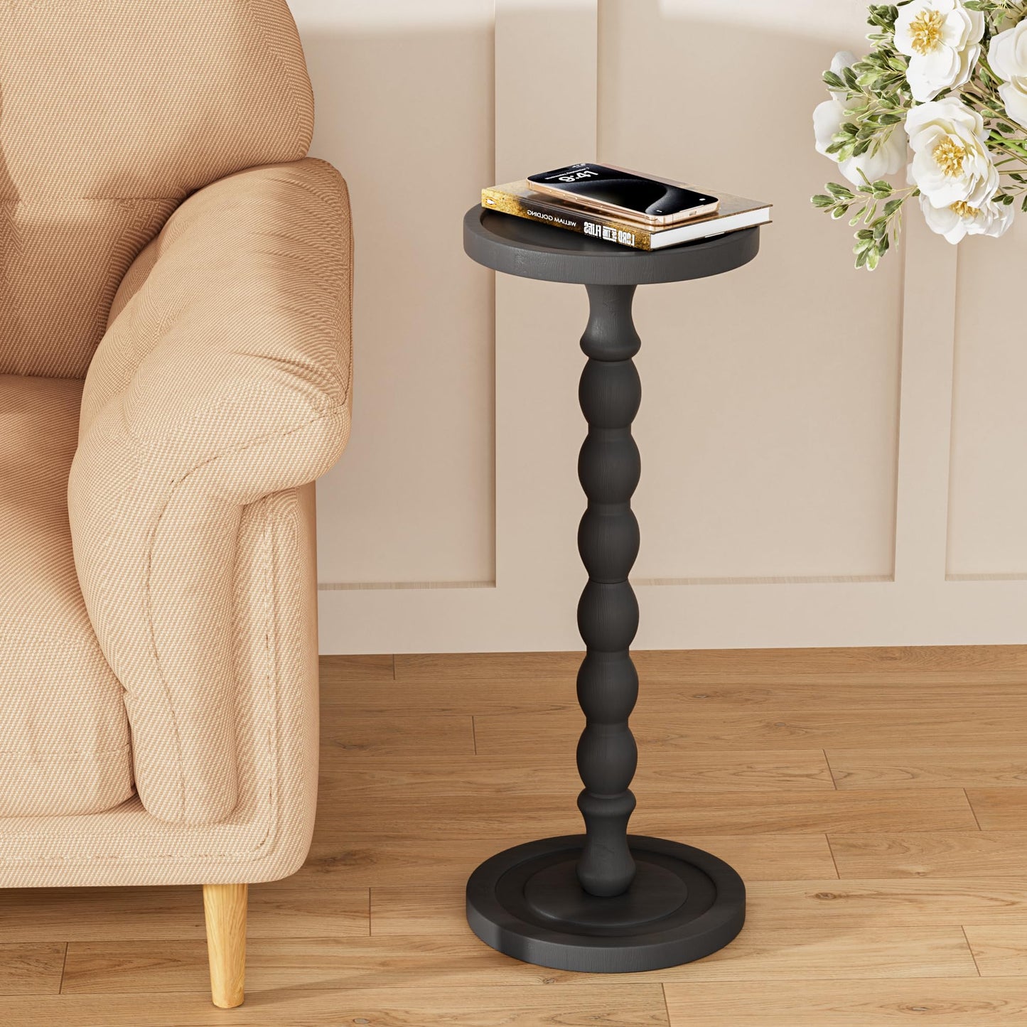 Caossuixin Wooden Round Side Table, Round Bar Table, Small End Table-Black