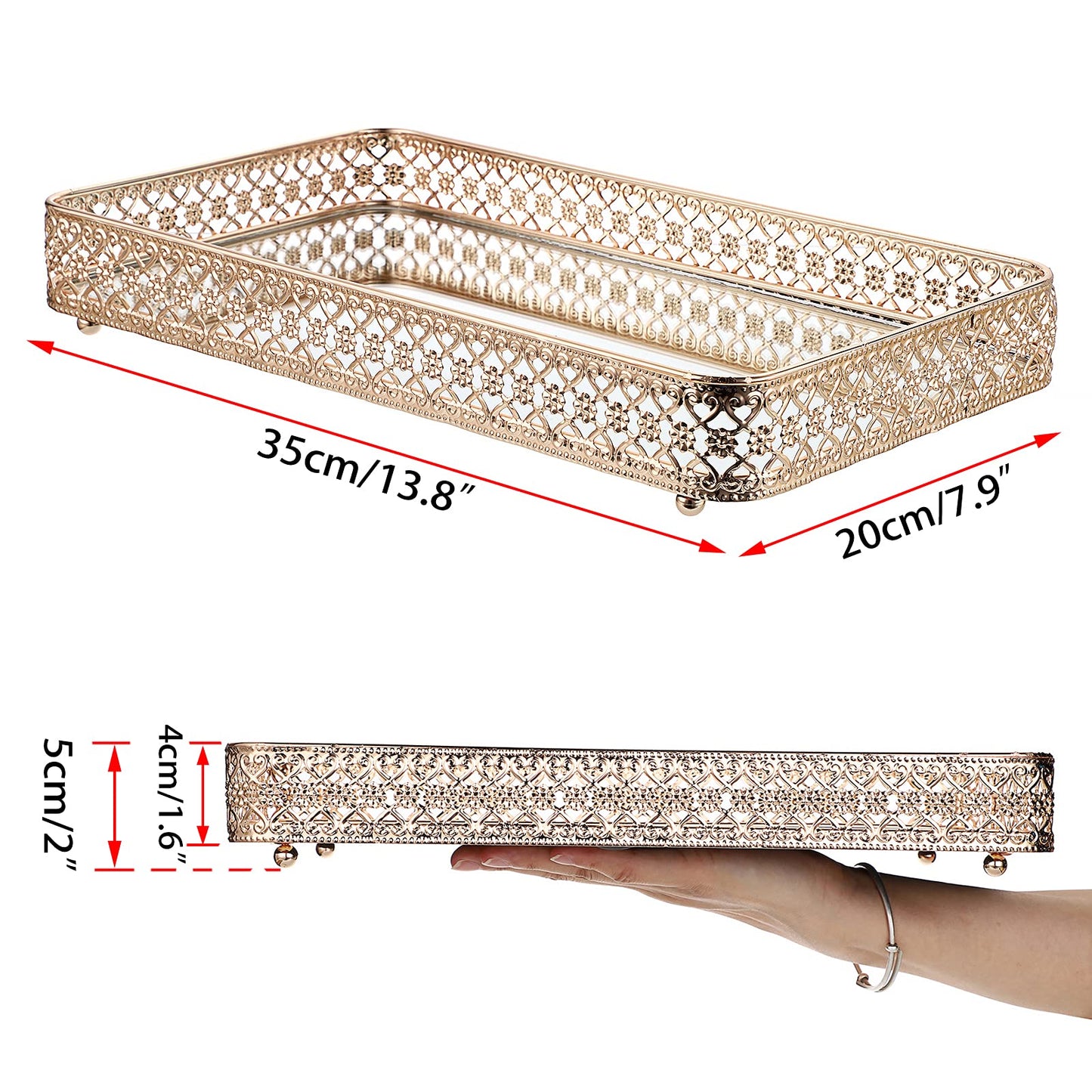ELLDOO Gold Perfume Tray Mirror Tray Makeup Vanity Tray Hollow-Carved Jewelry Tray Glass Metal Trinket Storage Tray Home Organizer Decorative Tray