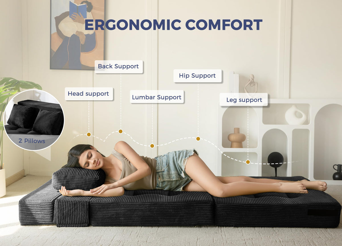 MAXYOYO Folding Foam Sofa Bed, Tri-Fold Mattress with Pillow, Convertible Sofa Chair Futon Z Bed with 15cm Thincken Foam, Portable 3 in 1 Floor Couch