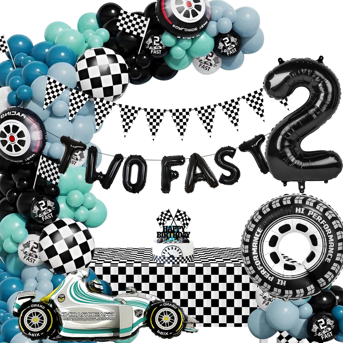 2nd Birthday Boy Car, Racing Theme Party Decorations - 2 Balloons, Cake Topper