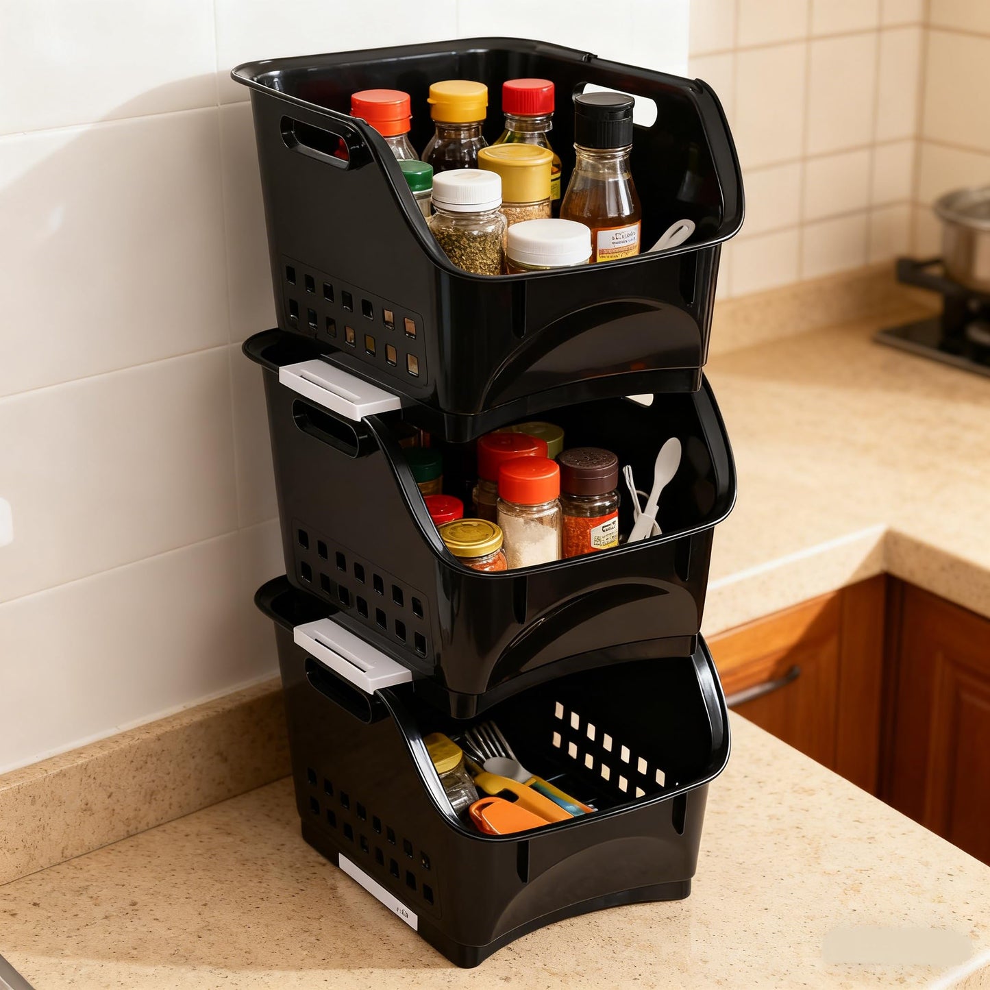 Waikhomes 3 Pack Plastic Stacking Storage Basket, Stackable Storage Bin, Black