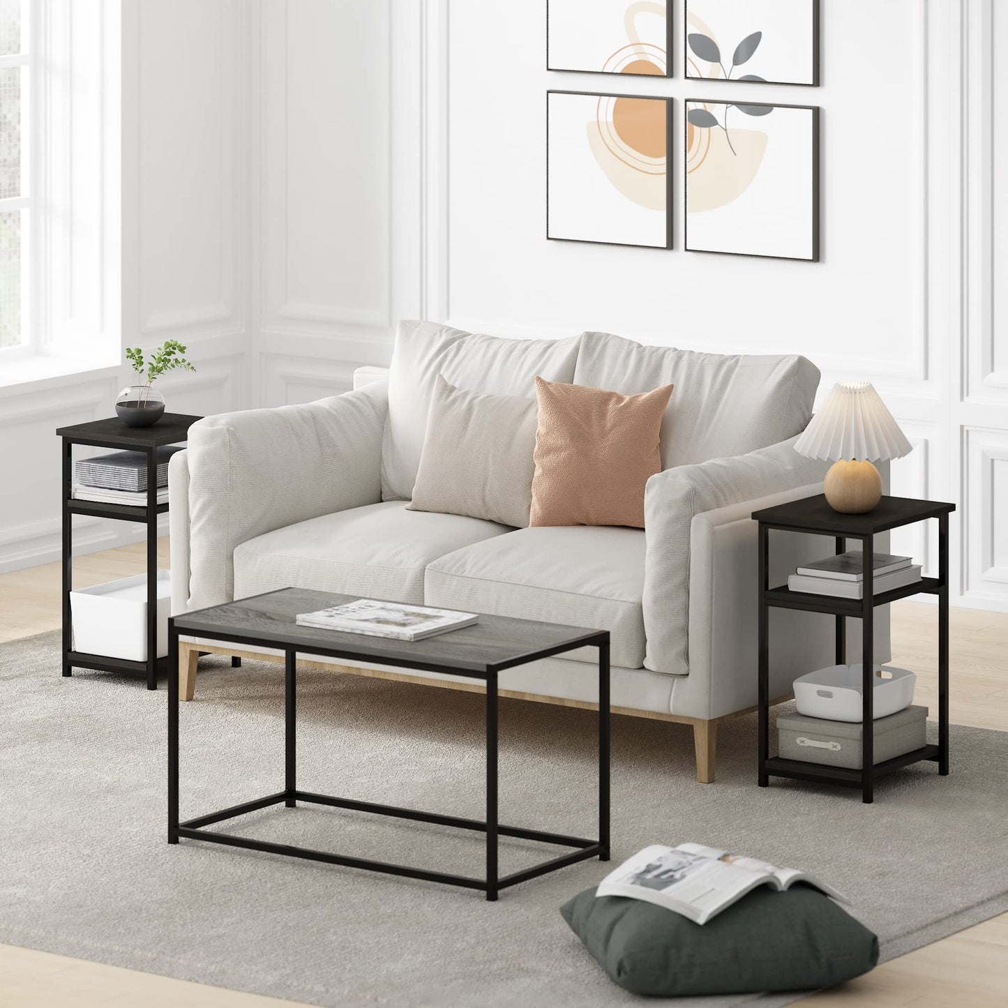 Furinno JUST Side Table Set of 2, 3-Tier Metal Frame End Table with Open Shelf, Night Stand, Bedside Table, for Living Room, Bedroom, Espresso