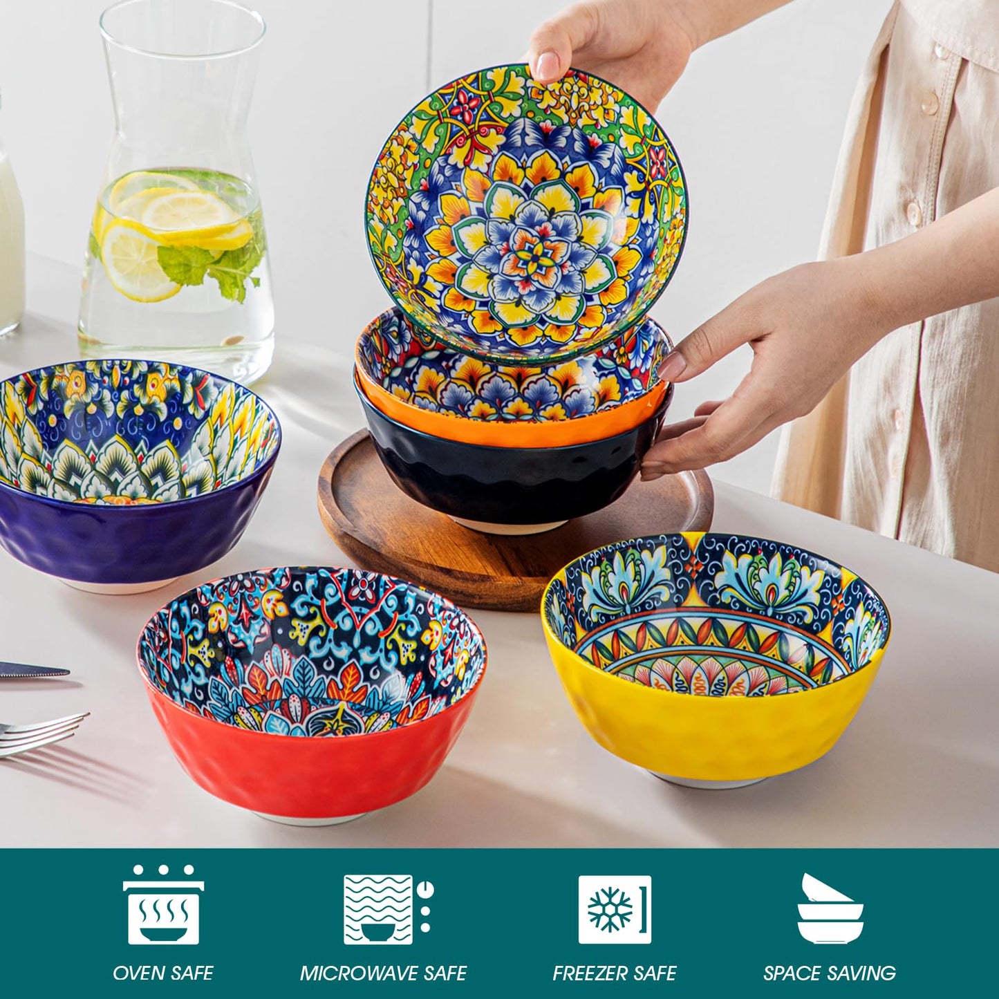vancasso SIMI Cereal Bowls Set of 6, 26 oz Ceramic Soup Bowls, Dishwasher & Microwave Safe, Serving Bowls for Cereal, Soup, Oatmeal, Ice Cream, Salad,
