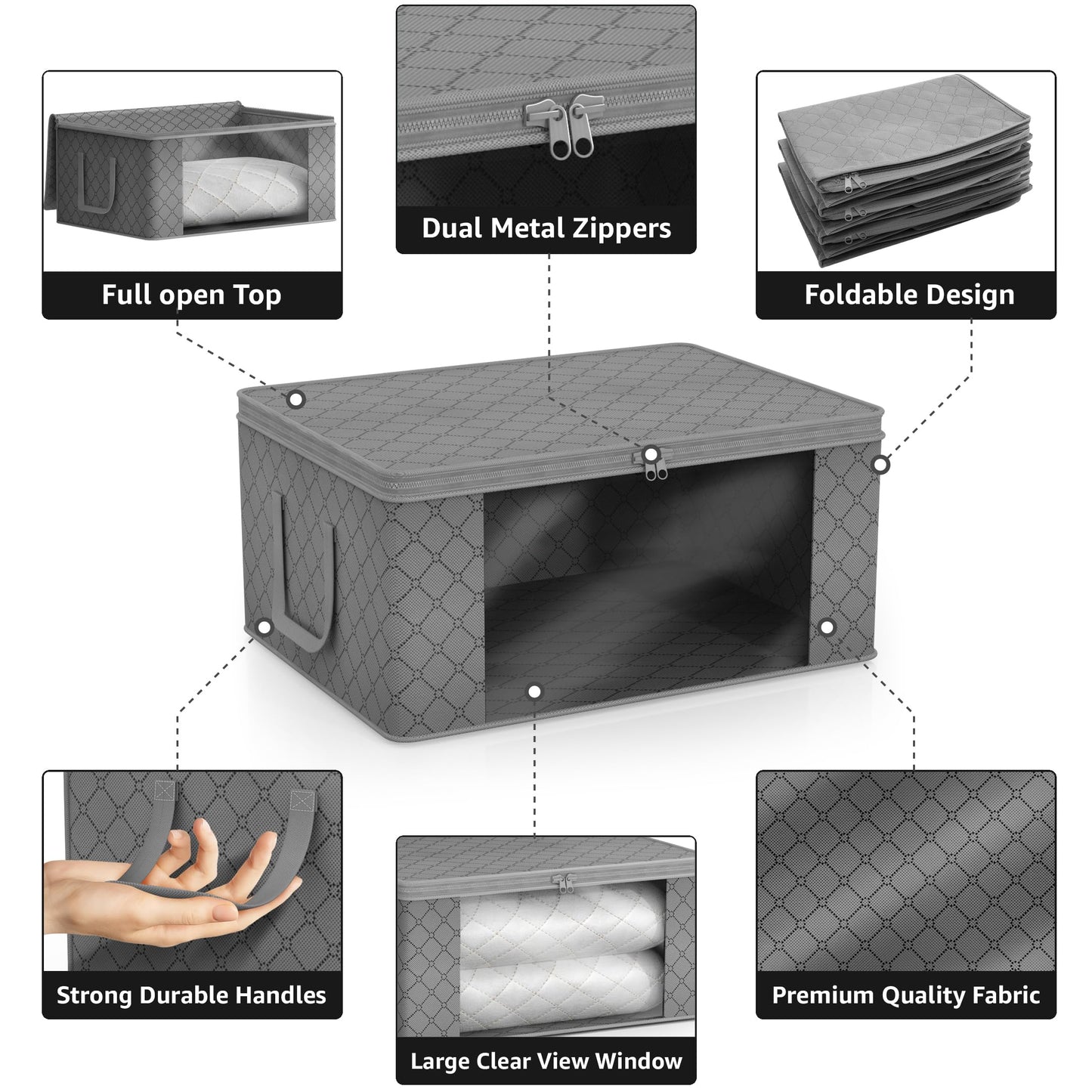 Sorbus Foldable Storage Bag Organizers, Large Clear Window & Carry Handles, Great for Clothes, Blankets, Closets, Bedrooms, and more (3-Pack, Gray)