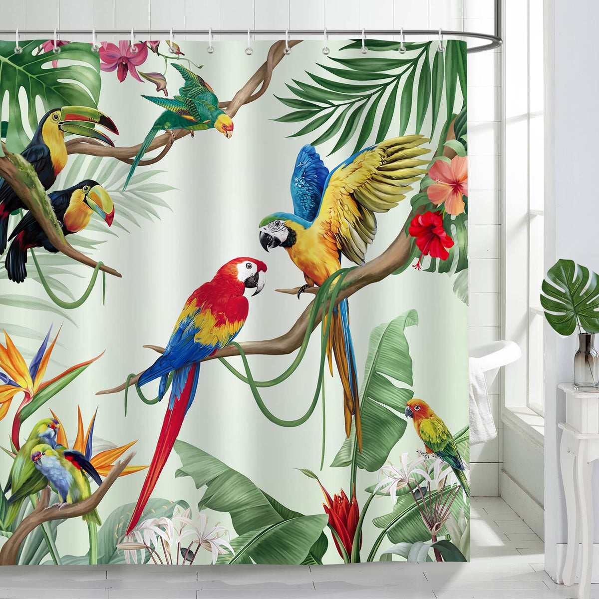 Bonhause Tropical Bird Shower Curtain Parrot Toucan Leaves Summer Bathroom Curtain 180 x 200 cm Waterproof Mildew & Mould Resistant Polyester Fabric