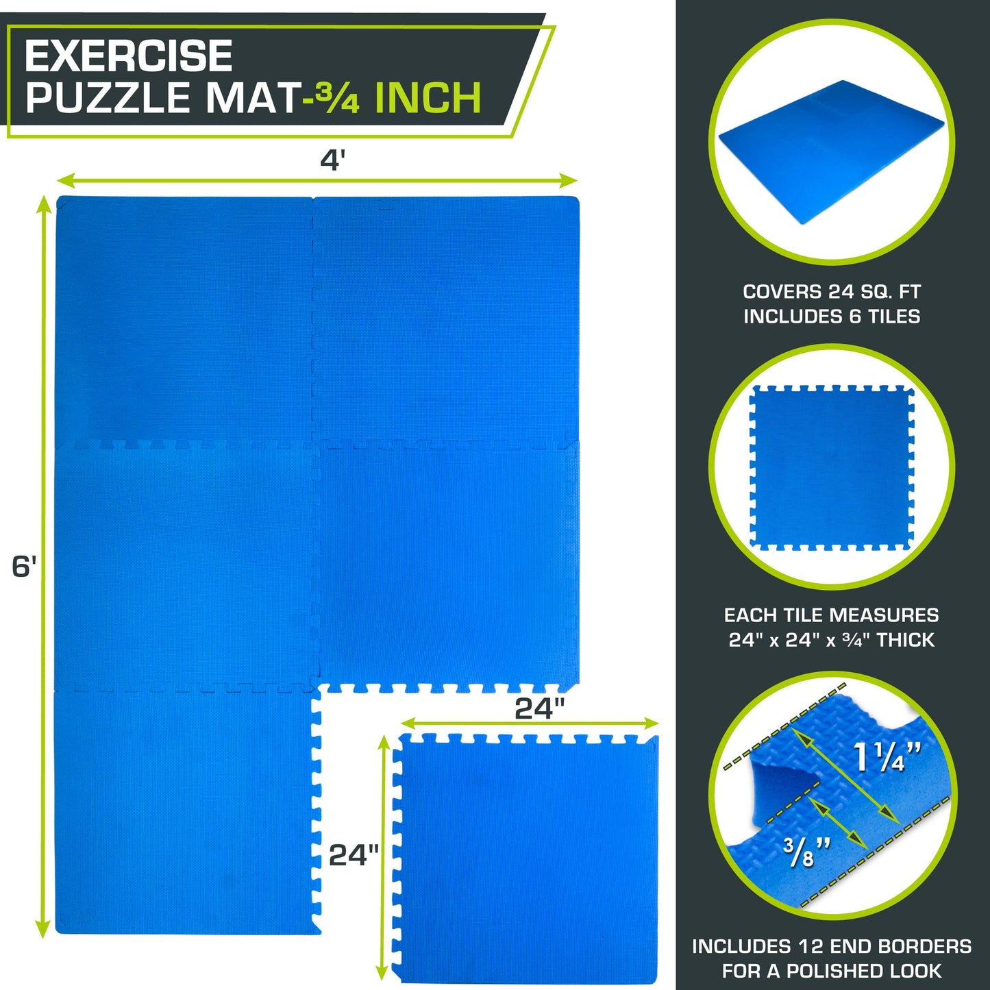 ProsourceFit Extra Thick Puzzle Exercise Mat, EVA Foam Interlocking Tiles for Protective, Cushioned Workout Flooring for Home and Gym Equipment, Blue