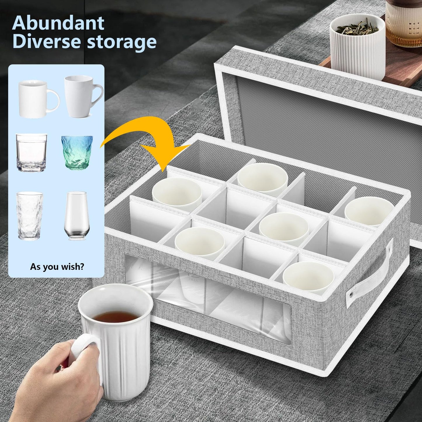 VERONLY 2 Pack Cup and Coffee Mug Storage Box Organiser with Dividers, China Storage Containers Hard Shell with 24 Compartments for Mugs Moving and