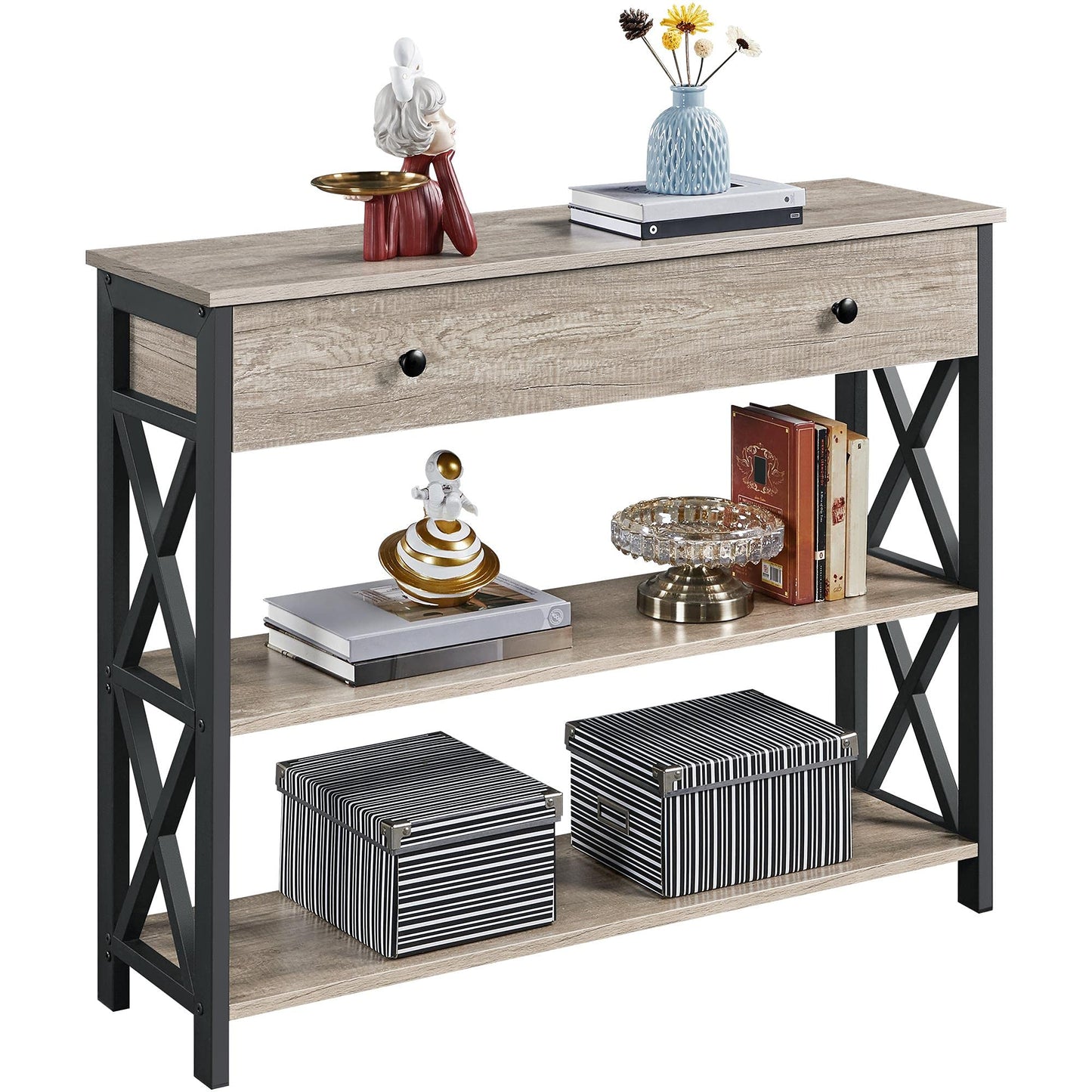 Yaheetech Console Table, Drawer & Shelves, 100 × 29.5 × 81 cm, Grey