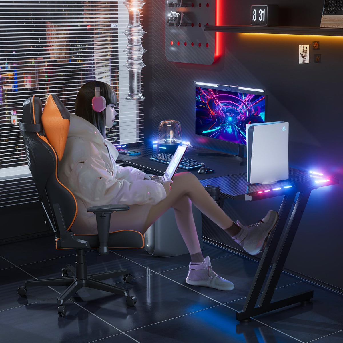 DLONGONE 140 x 60cm RGB Gaming Desk, Large Gaming Table for Laptop, Home Office Desk with Carbon Fiber Coated, Gaming PC Desk with Headphone Hook and