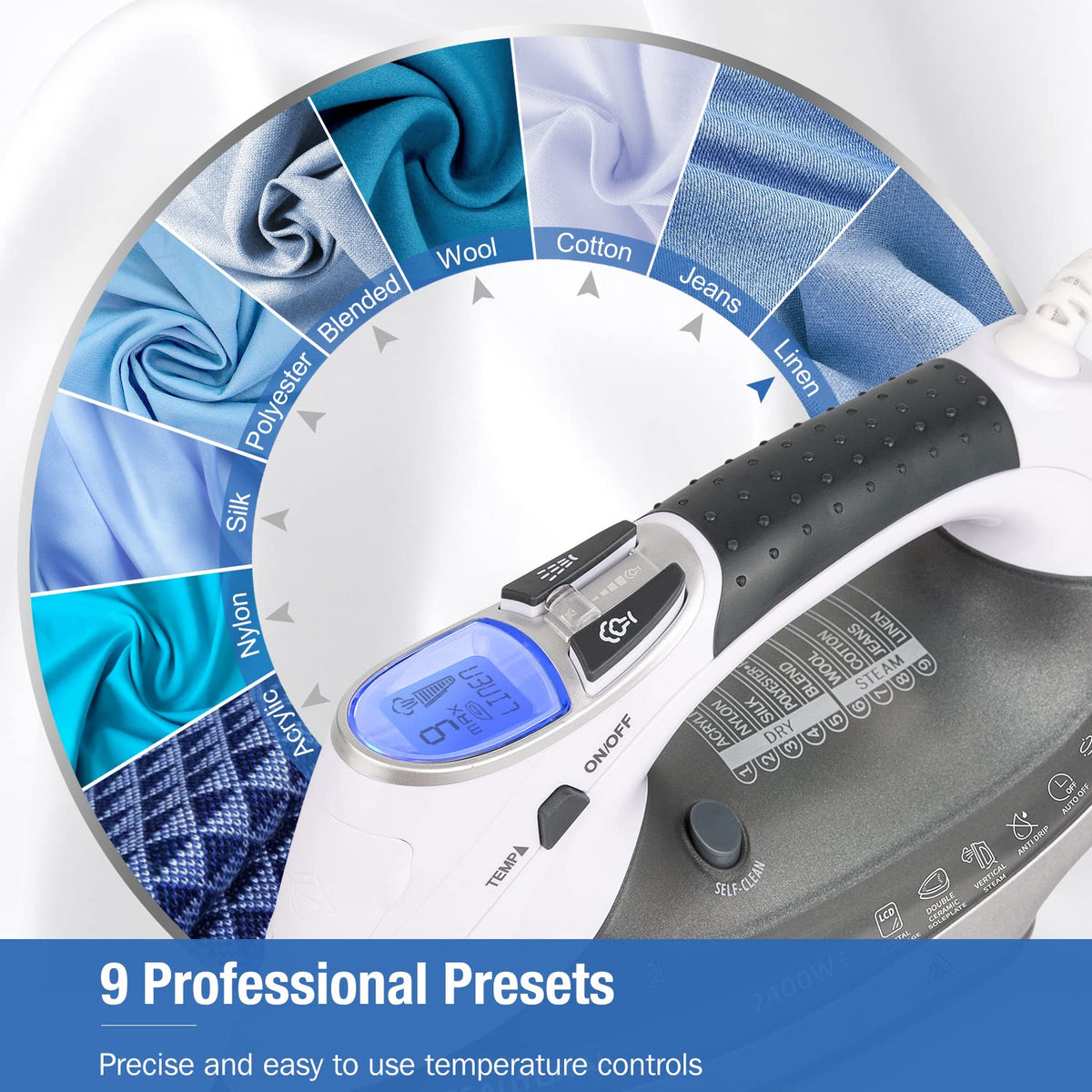 BEAUTURAL 2400 W Steam Iron with LCD Display, Variable Temperature and Double Ceramic Coated Soleplate, 8 ft Power Cord and 340ML Tank-White/Grey
