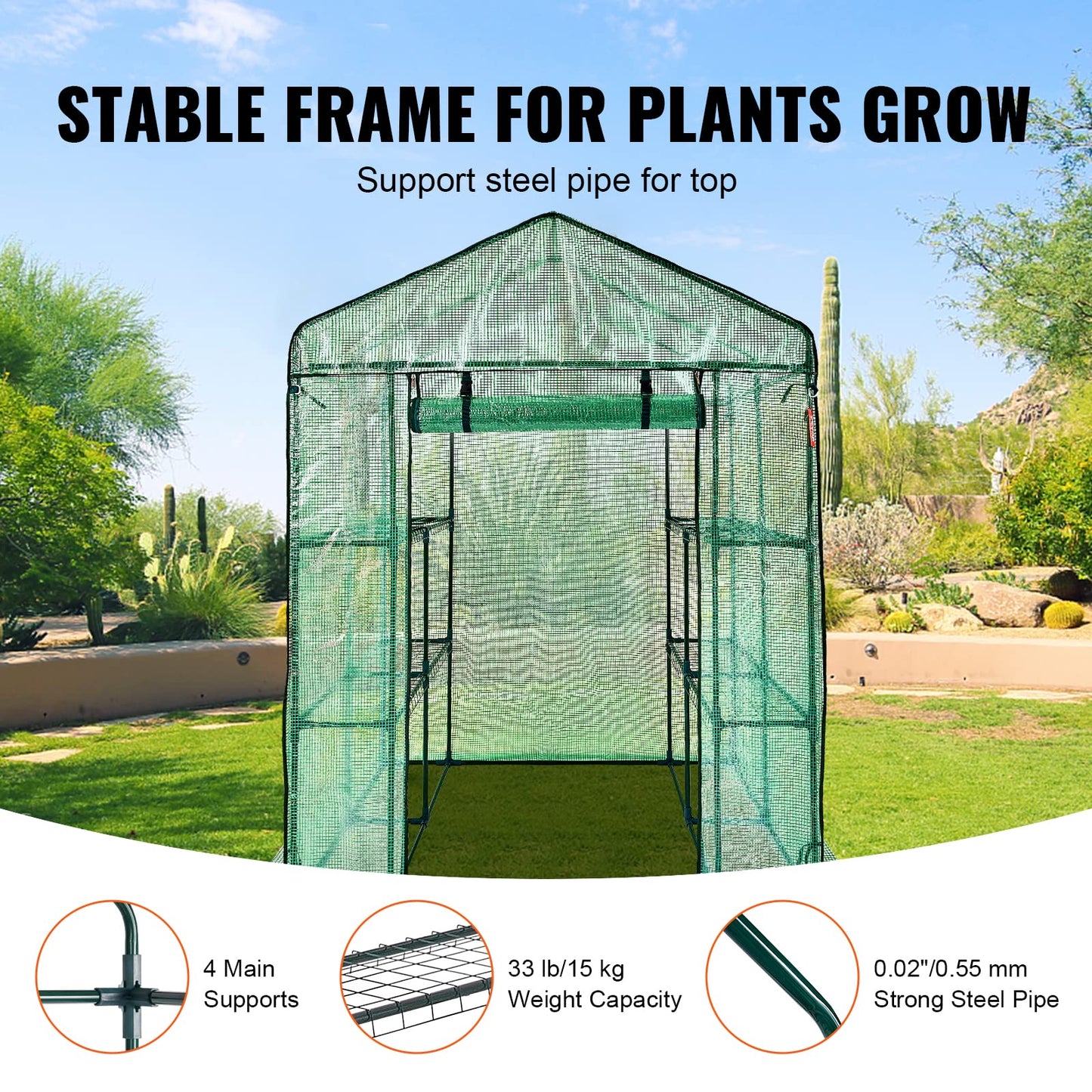 VEVOR Walk-in Green House, 4.6 x 4.6 x 6.6 ft Greenhouse with Shelves, Set Up in Minutes, High Strength PE Cover with Door & Windows and Steel Frame,