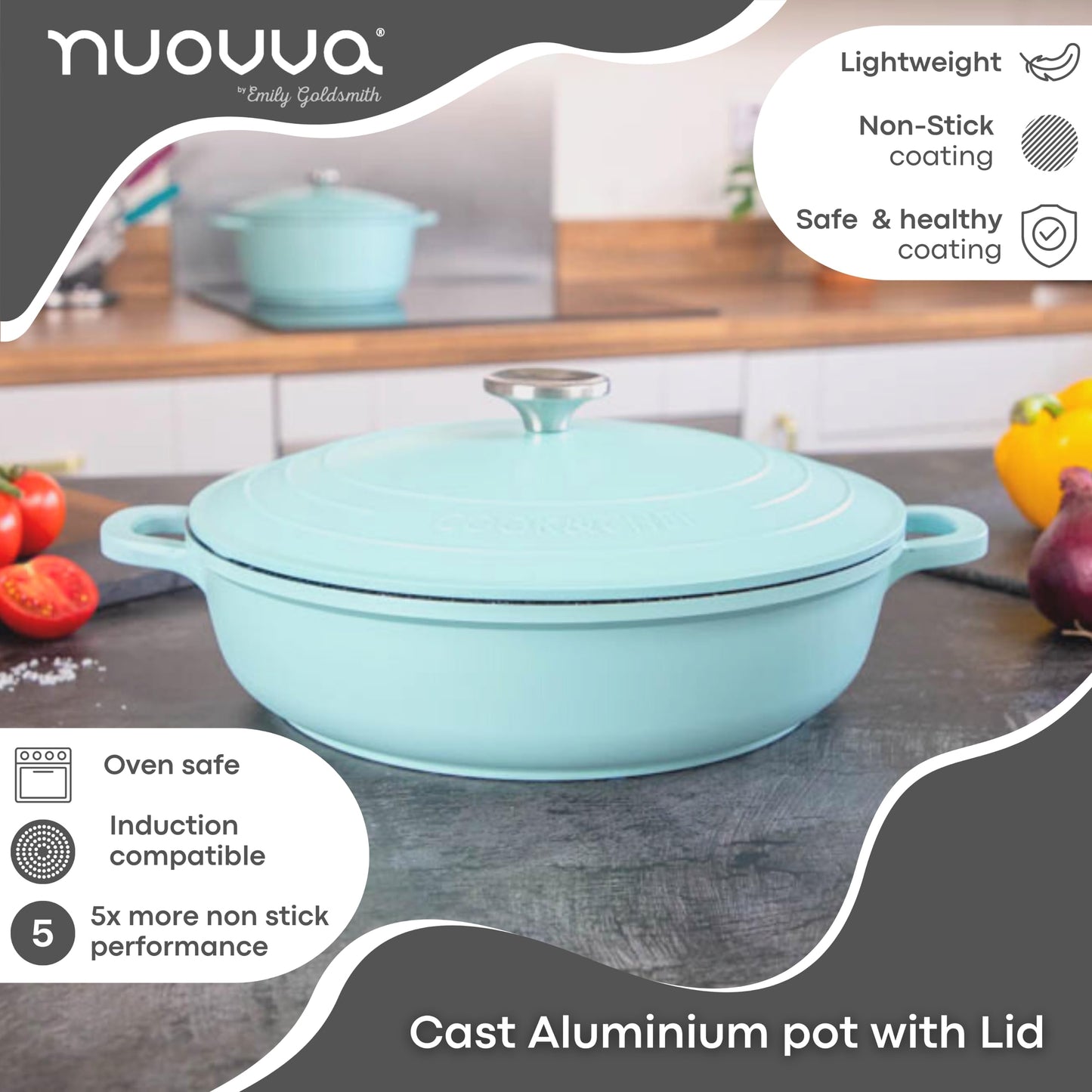Casserole Dishes with Lid Oven Proof  Non Stick Shallow Dutch Oven  Induction Cooking Pot  Oven Safe Aluminium Stockpot  3.9L, 28cm, Teal  by
