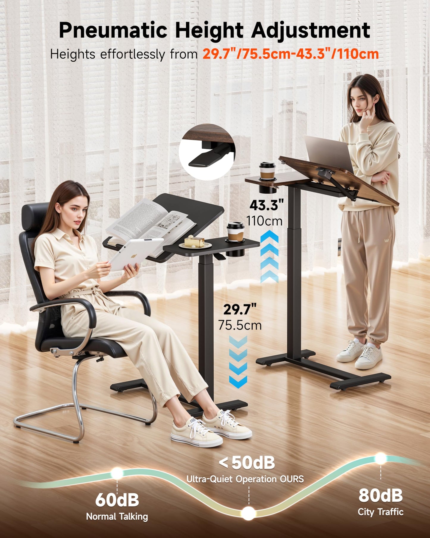 BZIUM Overbed Bedside Table with Hidden Wheels, Adjustable Medical Tilt Top Hospital Bed Table Over The Bed, Rolling Desk Mobile Standing Desk
