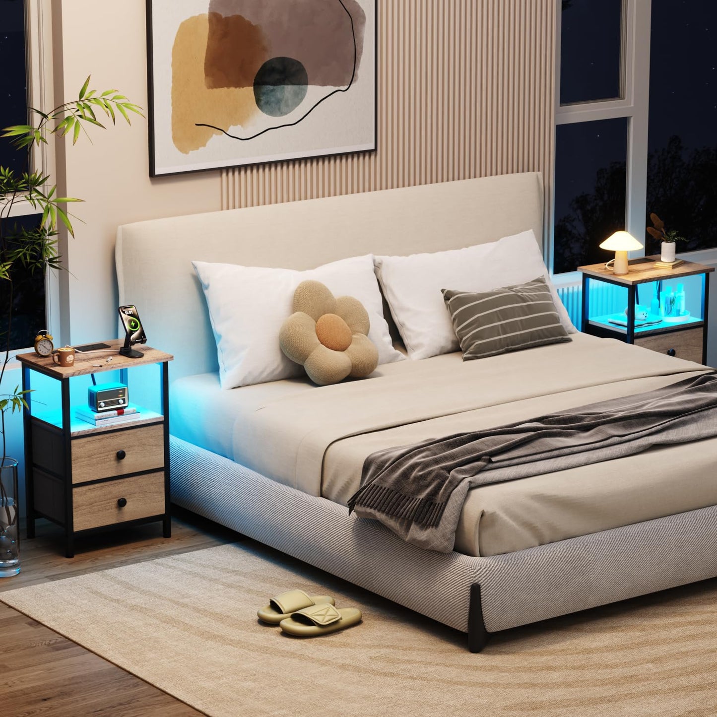 LOAKEKEL Bedside Table, Side Table with Charging Station, Bed Side Table