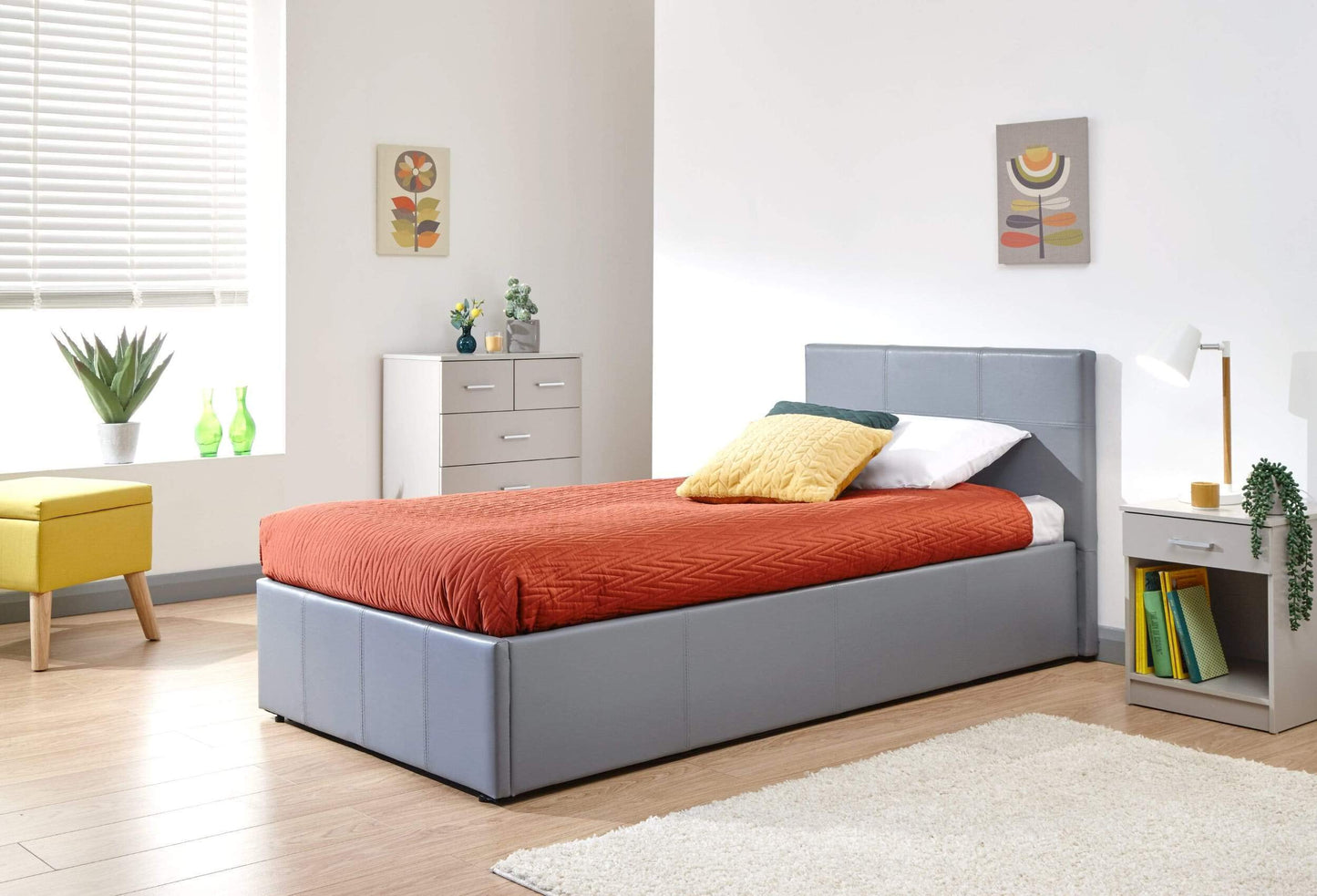 GFW Classic Leather Upholstered Ottoman Storage Bed With Gas End Lift & Under Bed Storage, King Size, Faux Leather, Grey