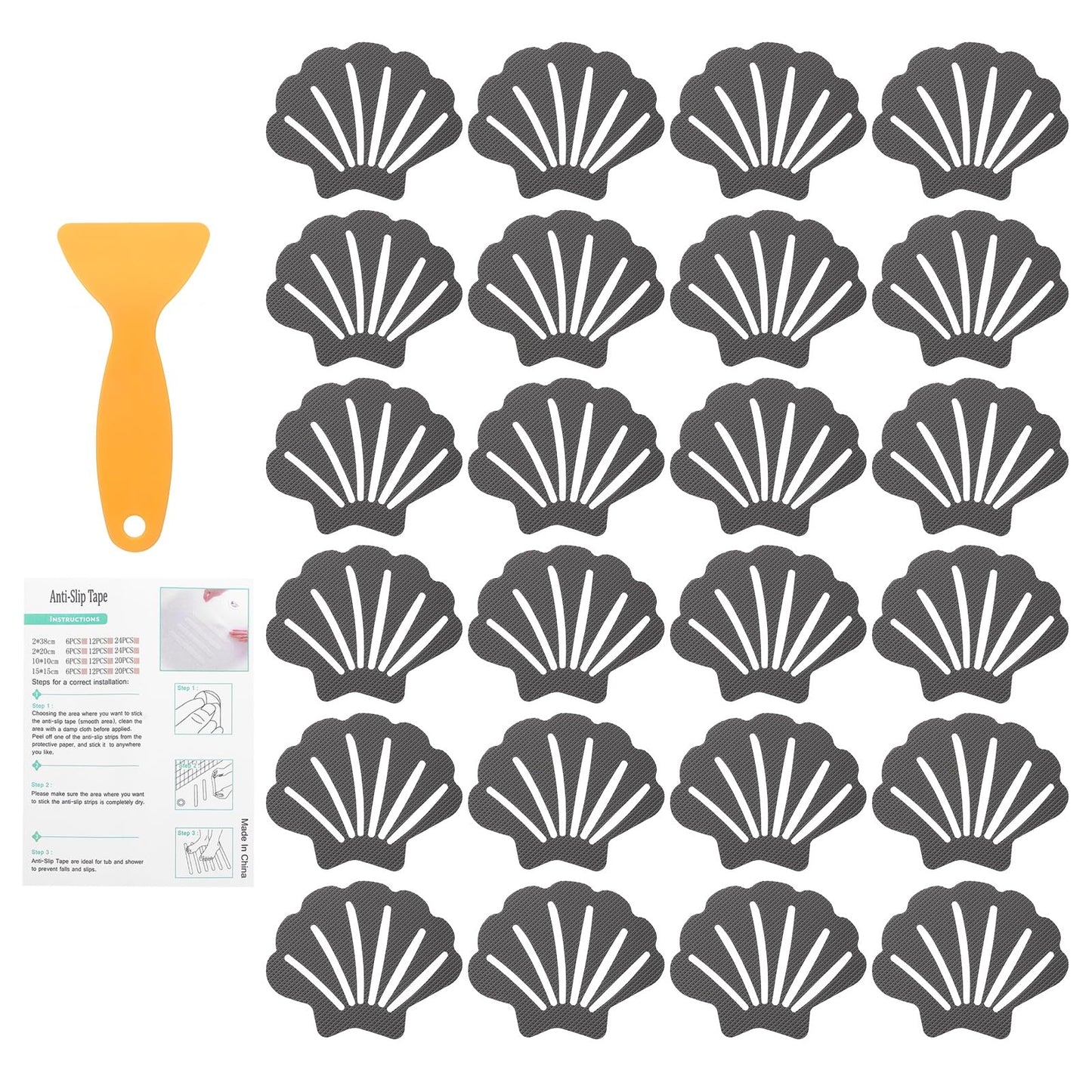 sourcing map 24Pcs Non-Slip Bathtub Stickers, 9x7 cm Shell Shape Shower Floor Non Slip Stickers with Scraper for Bathroom Shower Stairs Ladders, Gray