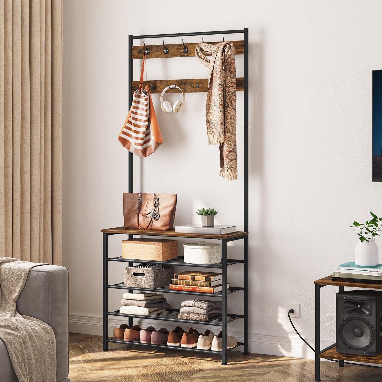 HOOBRO Coat Stand, Coat Rack with Shoe Storage, Free Standing Hall Tree with 9 Hooks, Shoe and Coat Rack for Hallway, Entryway, Metal Frame, Sturdy,