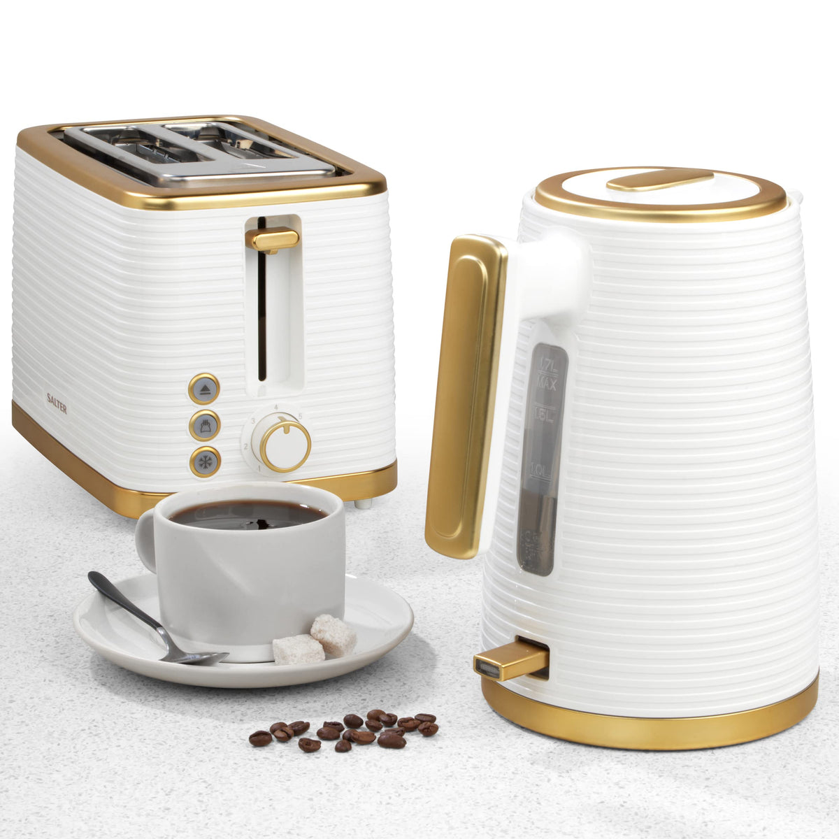 Salter COMBO-7996 Palermo Electric Kettle and Toaster Set, 2-Slice Toaster with Wide Slots and 7 Browning Functions, 1.7L Cordless Kettle with Boil
