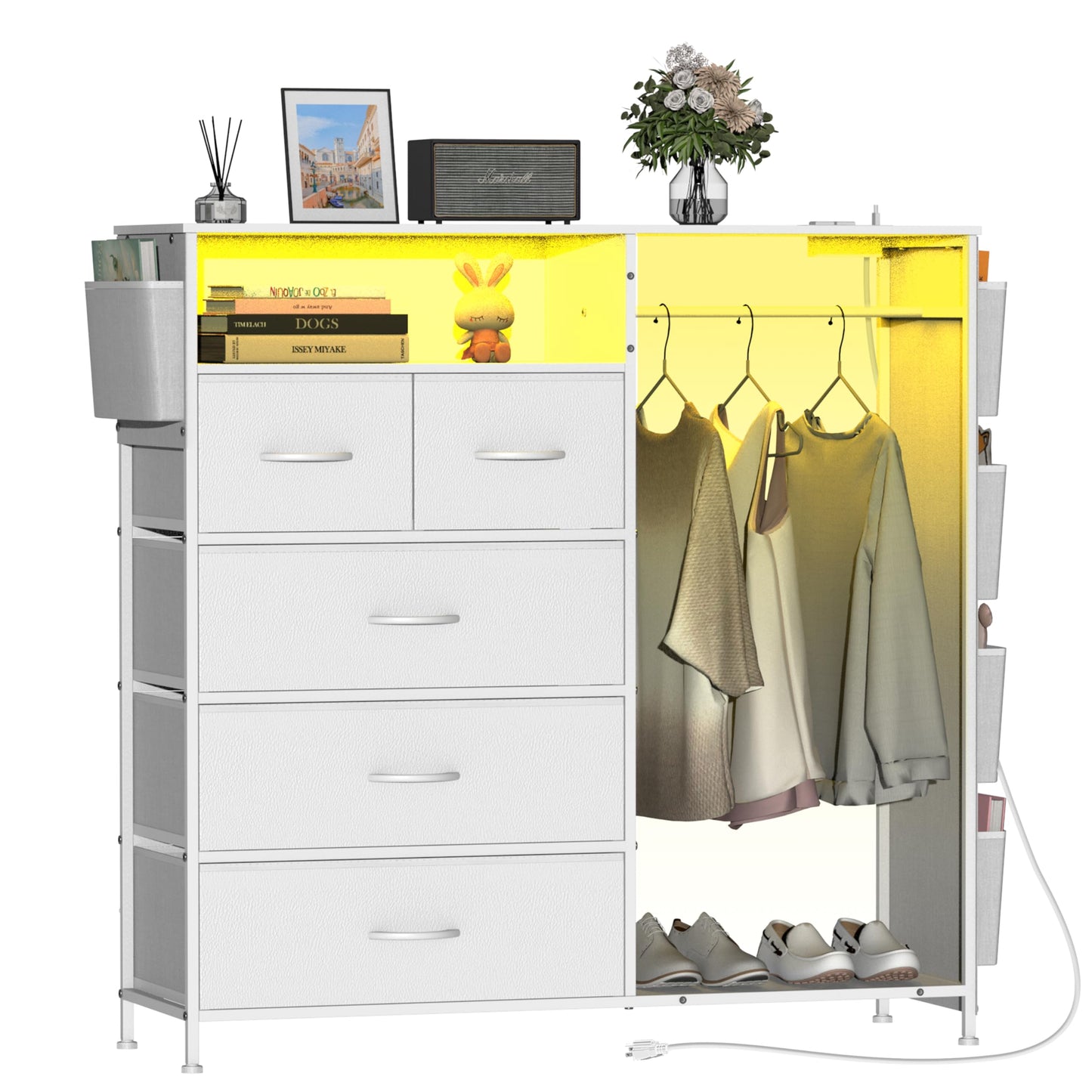 Trironsun 5 Drawer Dresser with Clothes Rail LED Lights Charging Station Storage Chest with Side Pockets and Wood Top for Bedroom Nursery or Hallway