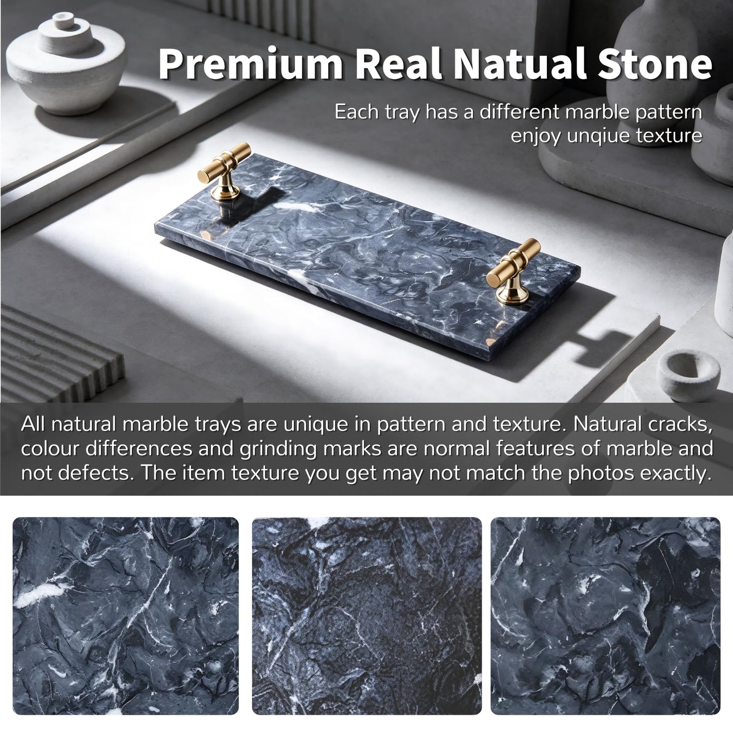 Natural Marble Vanity Tray with Handles & Foot Pads for Bathroom Home Decor