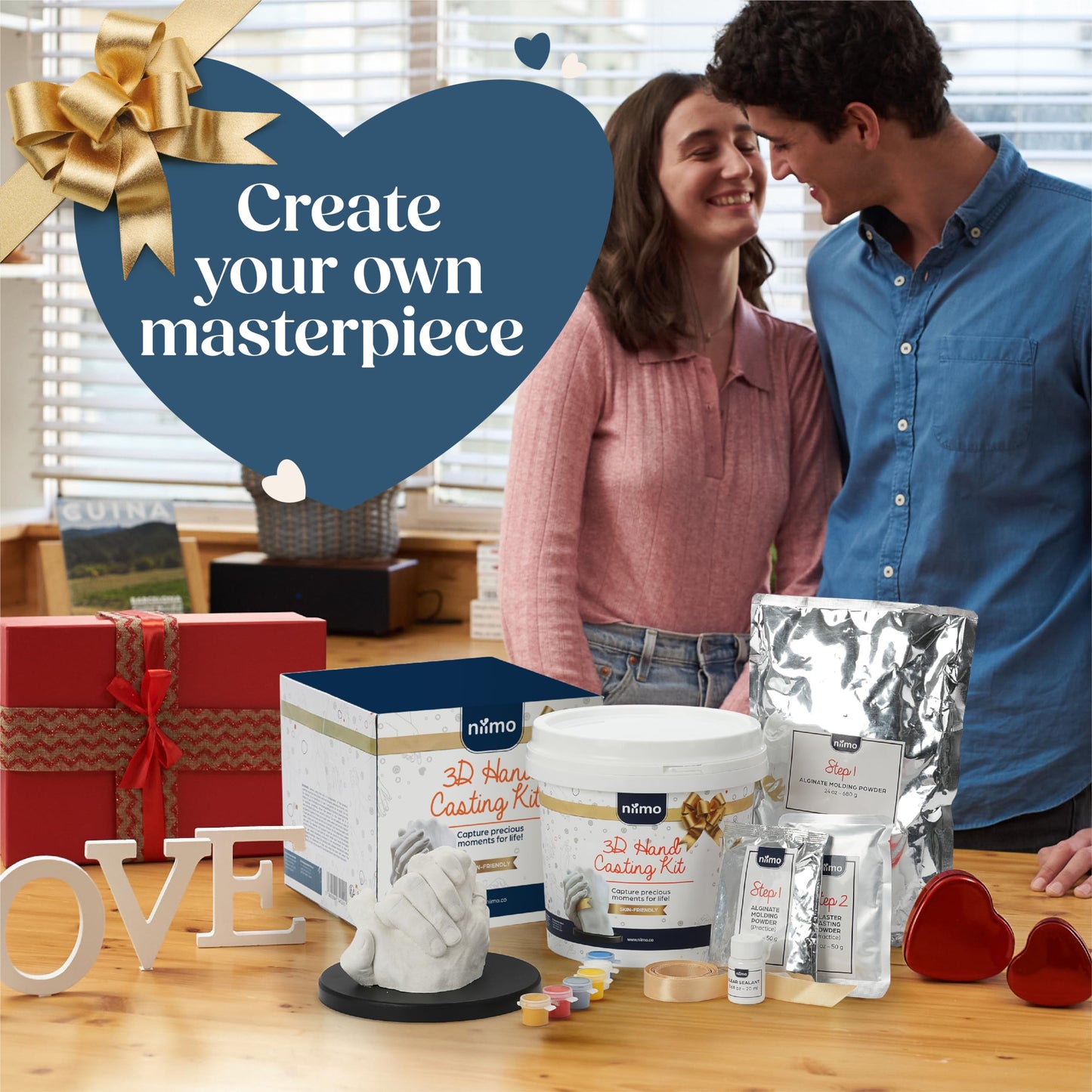 NIIMO 3D Hand Casting Kit Gift Set - Fun & Skin-Safe Hand Moulding Kit Couple, Personalised Gifts for Her, Includes Paints, Brushes, Display Stand,
