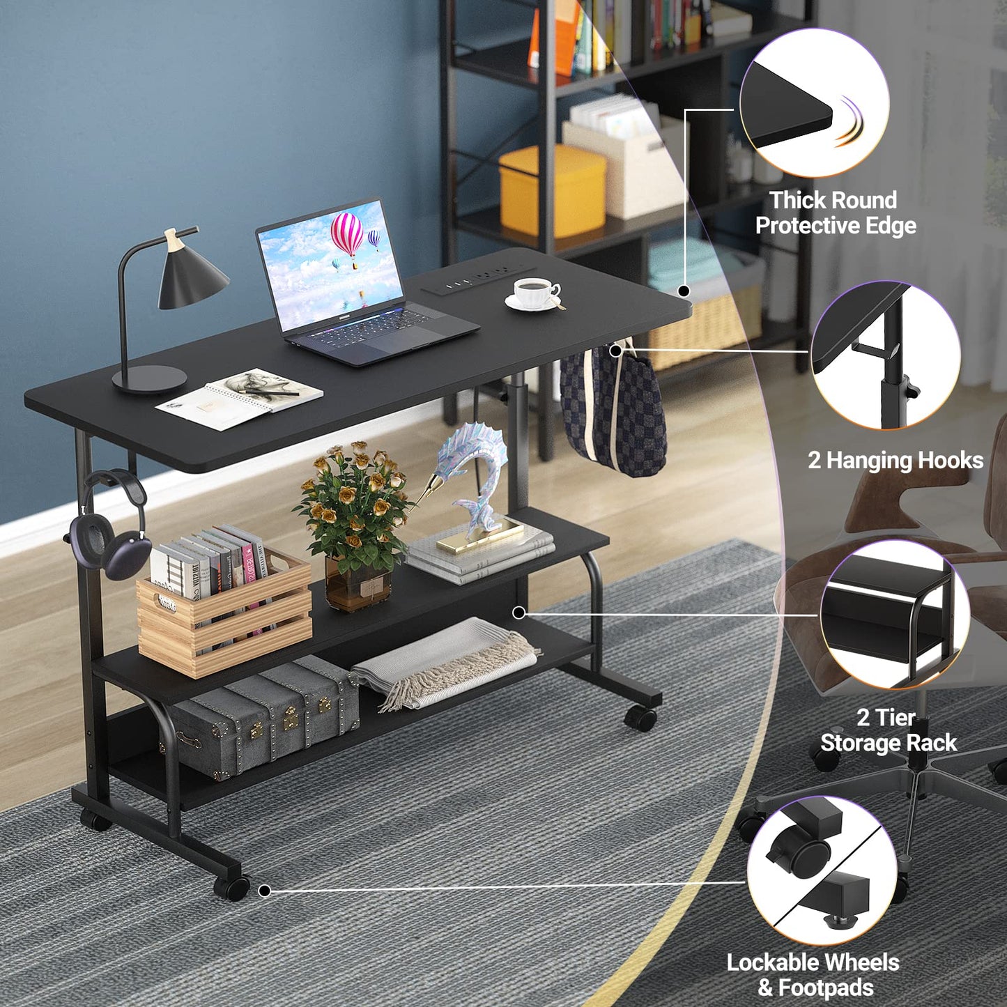 iSunirm Standing Desk with Power Outlets & USB, Height Adjustable Desk (70-104cm) on Wheels, Small Portable Computer Desk for Home Office