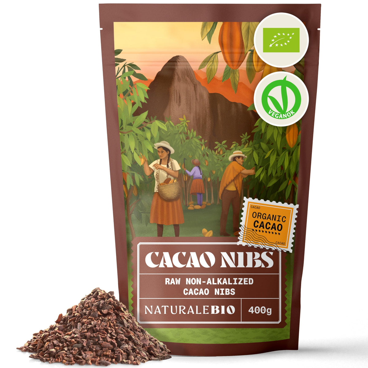 NaturaleBio Organic Raw Cacao Nibs 400g. Natural and Pure. Made in Tropical Regions from The Theobroma Cacao Plant. Source of Magnesium, Potassium and
