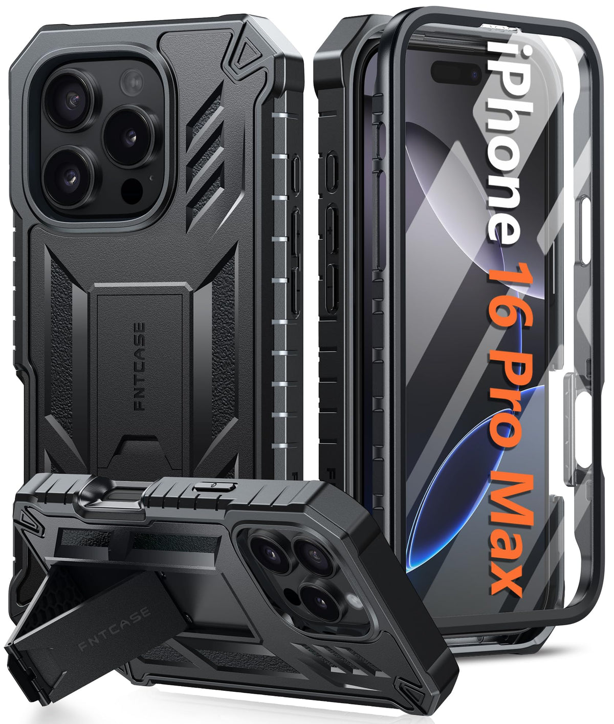 FNTCASE for iPhone 16 Pro-Max Case: Military Grade Drop Proof Protection Mobile Cover with Kickstand | Matte Textured Rugged Shockproof TPU |