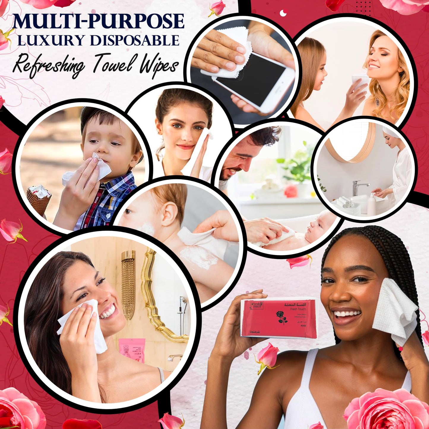 G4GADGET Luxury Disposable Refreshing Towel Wipes 6 Pack - Rose Scent | 25cm x 25cm Towels for Hands & Face | Hot & Cold Use | Ideal for Travel