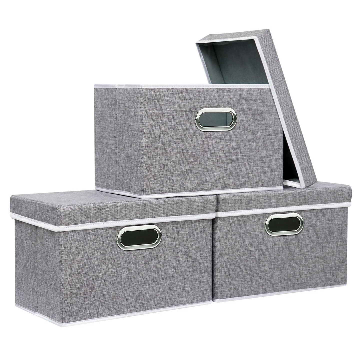 Yawinhe Collapsible Storage Box 3 Pack, Fabric Clothing Shelf Basket with Lid, for Organizing Home, 38x25x25cm, Grey, SNK023GL-3