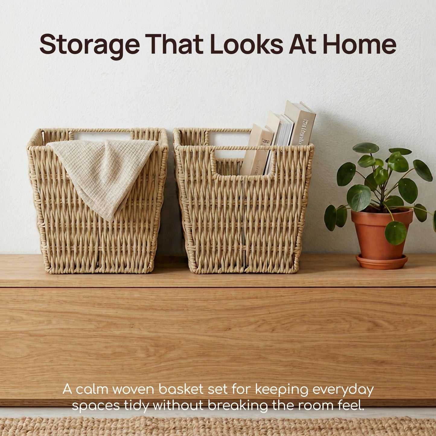Viviendo Woven Storage Baskets Set of 2, Beige Rope Bins for Shelves