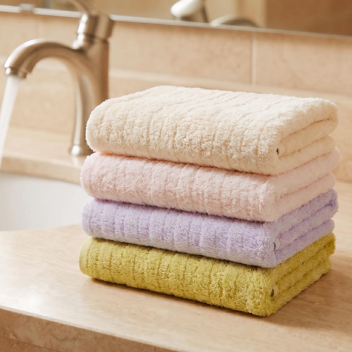 Vie TRIOMPHE 4-Pack Ultra-Soft Fluffy Face Towels 34x80cm, Zero-Twist Long-Staple Cotton, Blue Pink Purple Yellow, Cloud-Like Plush Texture