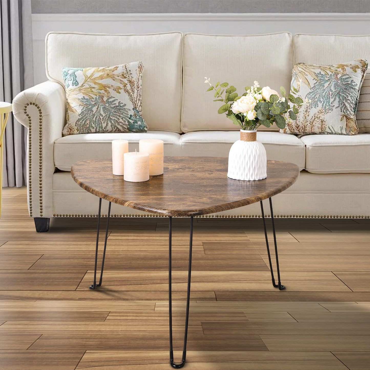 FEUFOAM Folding Coffee Table Triangle Designs Oval Coffee Tables Mid Century Wooden Triangular Accent Table with Metal Legs Foldable Industrial Sofa