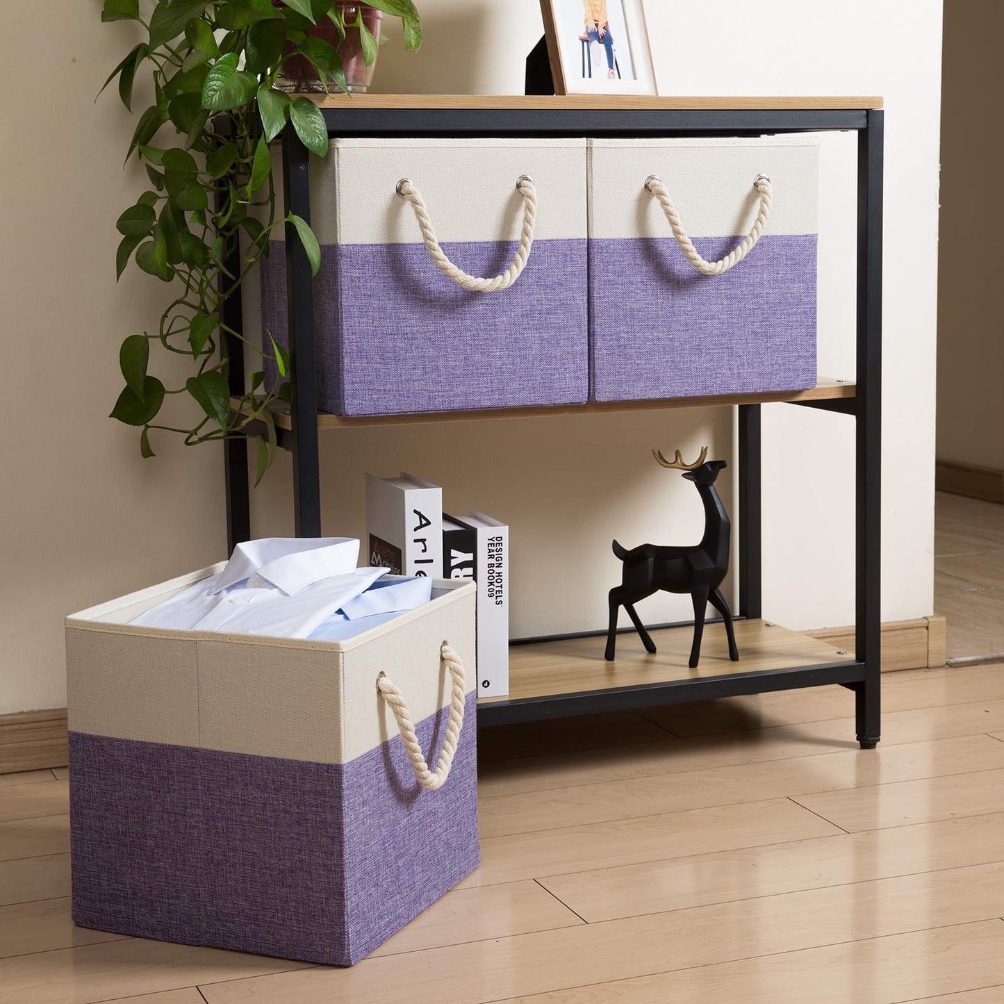 Prandom Foldable Cube Storage Bins 28x28x28cm [4-Pack] Fabric Linen Storage Baskets Cubes Drawer with Cotton Handles Organizer for Shelves Closet