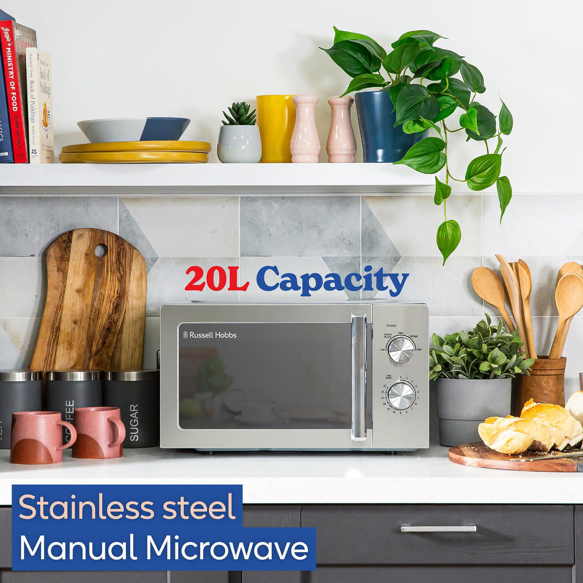Russell Hobbs Stainless Steel Microwave 20 Litre 800W Solo Manual with 5 Power Levels, Defrost Function & Easy Clean, 35 Minute Timer, RHMM827SS