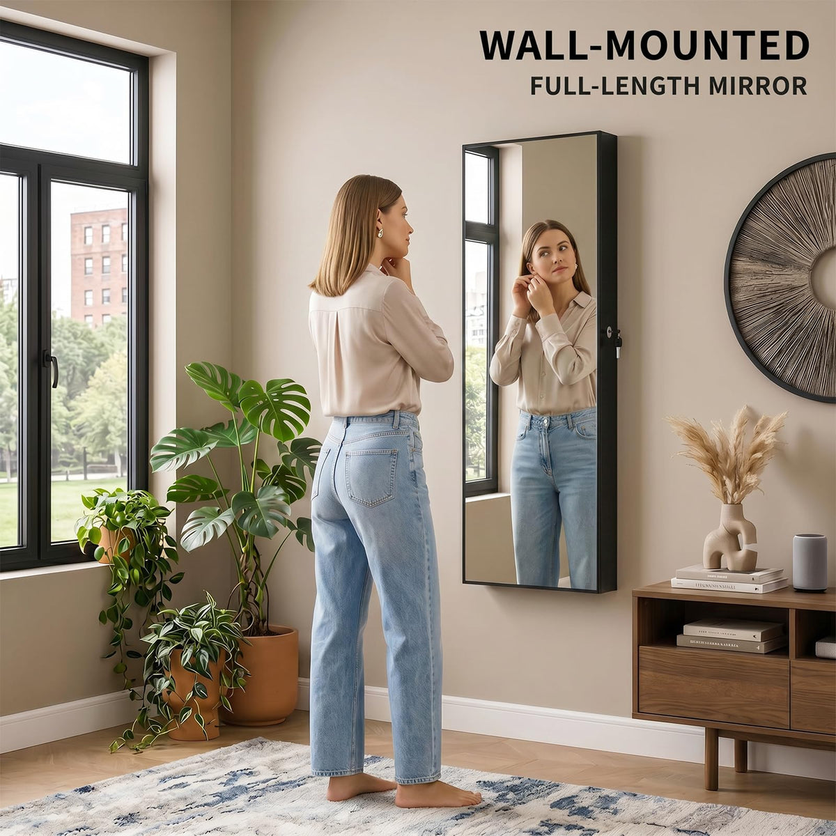 AnSafity Lockable Jewelry Cabinet Organizer with Full Length Mirror, 6 Auto LED Lights, Wall & Over Door Mount Jewelry Armoire with Earring Slots