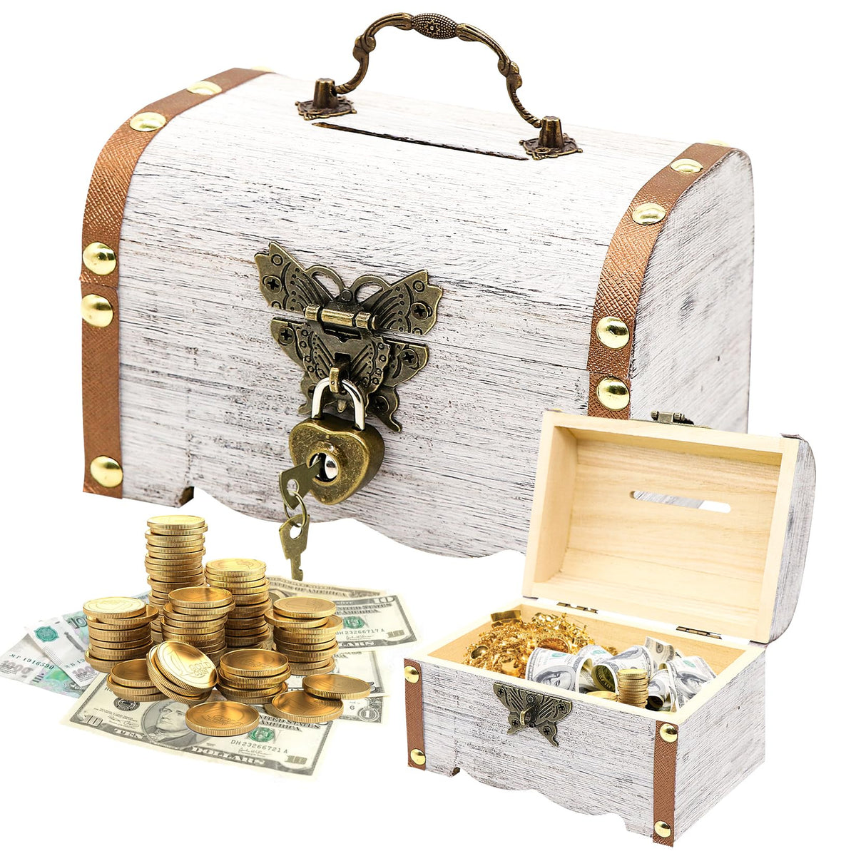 Forbabe Treasure Chest Wooden White Small Money Box with Lock 14.5 x 10.5 x 10.3 cm