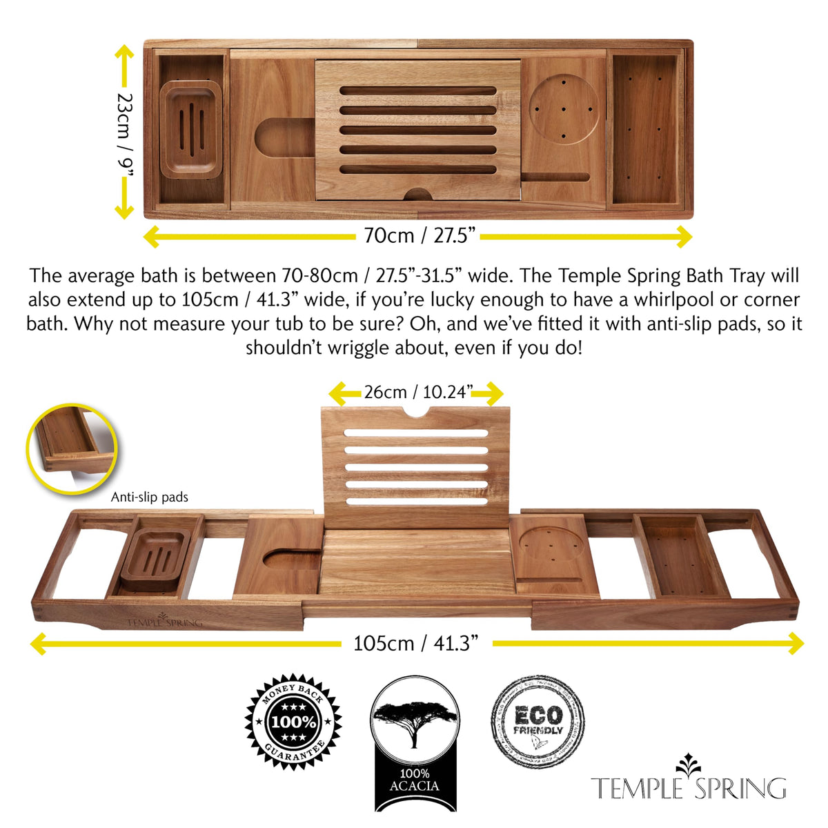 Temple Spring Acacia Wooden Bath Tray, Bath Shelf Bathroom Accessory, Home Spa Boards for Adults, Tub Caddy, Wood Bathroom Accessories Set, Extendable