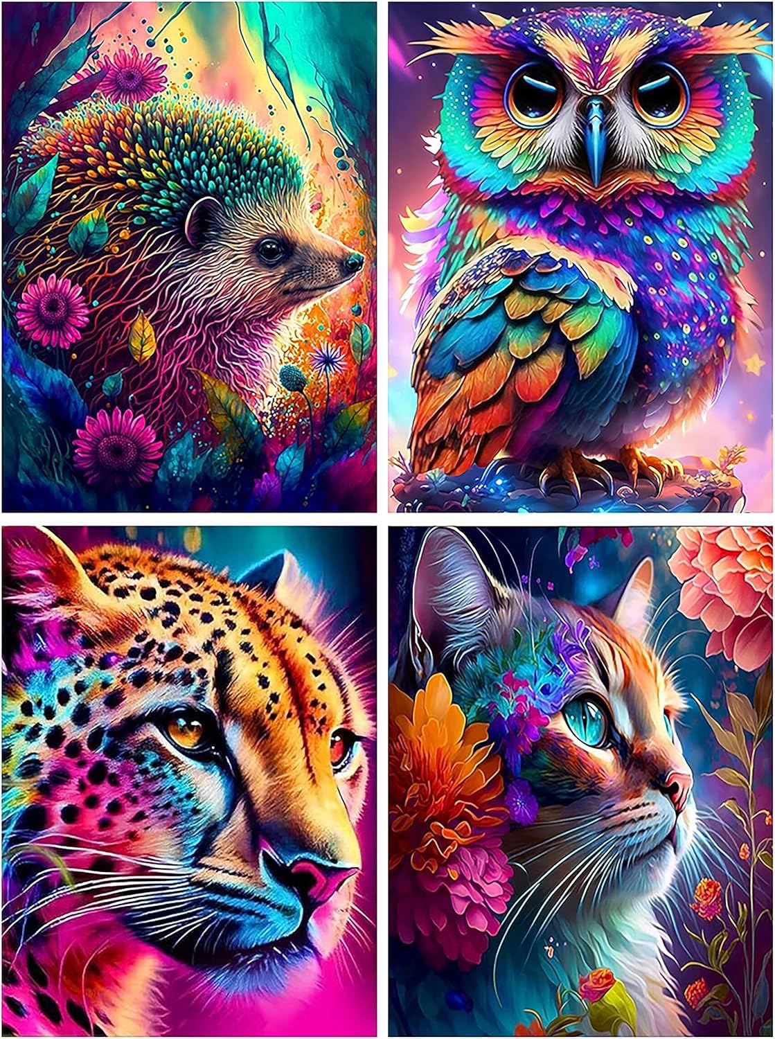 BEAYIOU 4 Pack 5D Diamond Painting Kits for Adults, Animal Diamond Art Kits, Cat Full Drill Diamond Dots Paint with Diamonds Hedgehog Owl Pictures