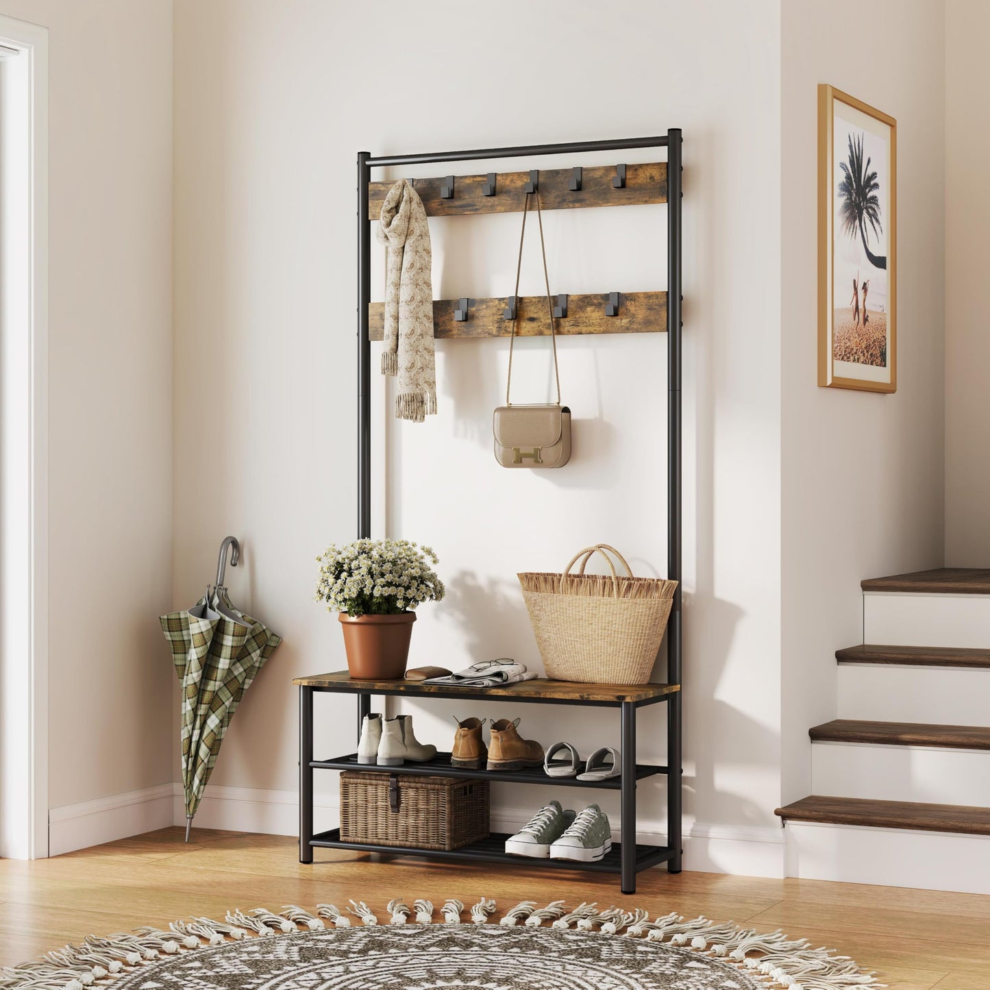 Yaheetech 3-in-1 Coat Rack Shoe Bench Industrial Hall Tree, Rustic Brown
