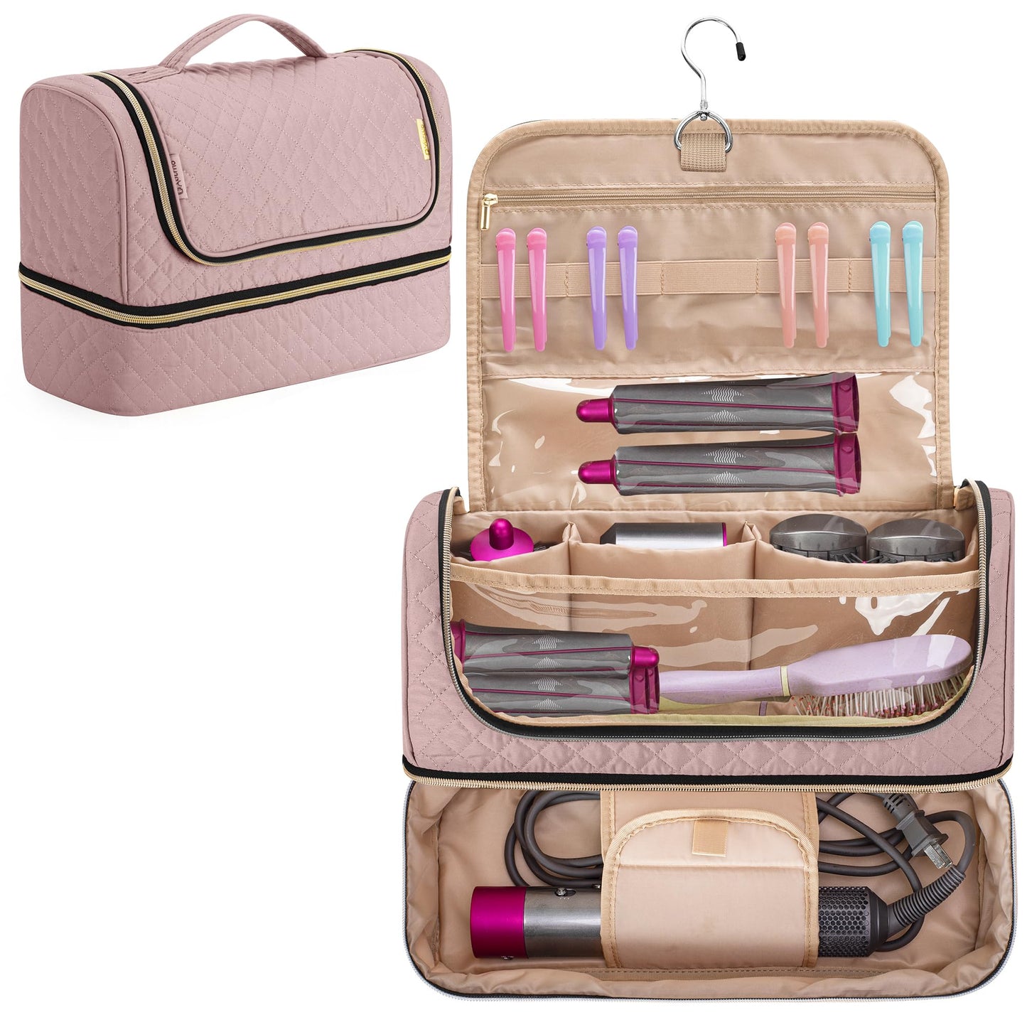Yarwo Travel Case Compatible with Dyson Airwrap Styler Complete, Double Layers Portable Travel Organiser Bag for Airwrap Styler and Attachments, Pink,