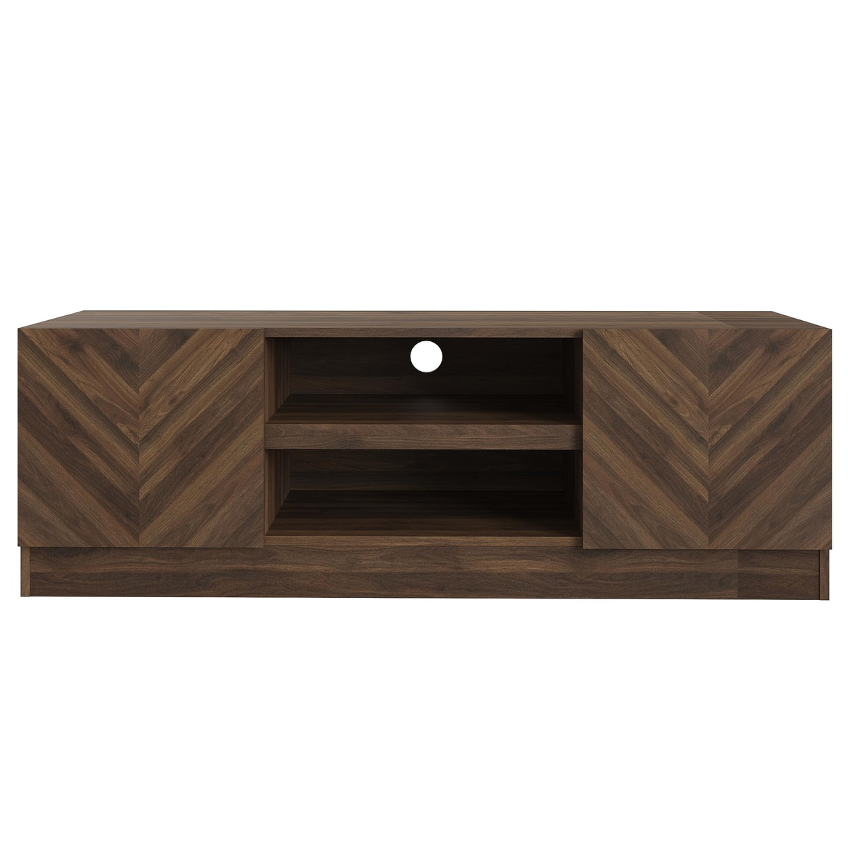 GFW Catania 2 Door TV Unit, Royal Walnut TV Cabinet with Herringbone Wood Grain Finish, Modern Entertainment Unit with Open Storage